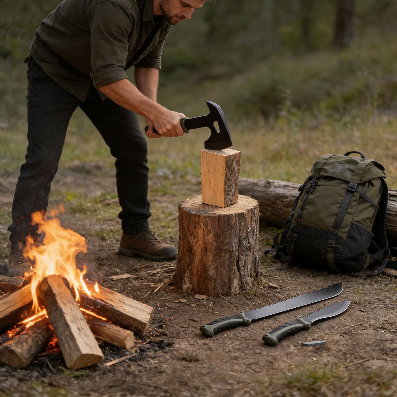 Survival Set - Beil, Messer & Machete mit 3 Gürtelscheiden, Wetzstein & Profi-Feuerstahl inklusive Flaschenöffner und Messskala für Outdoor