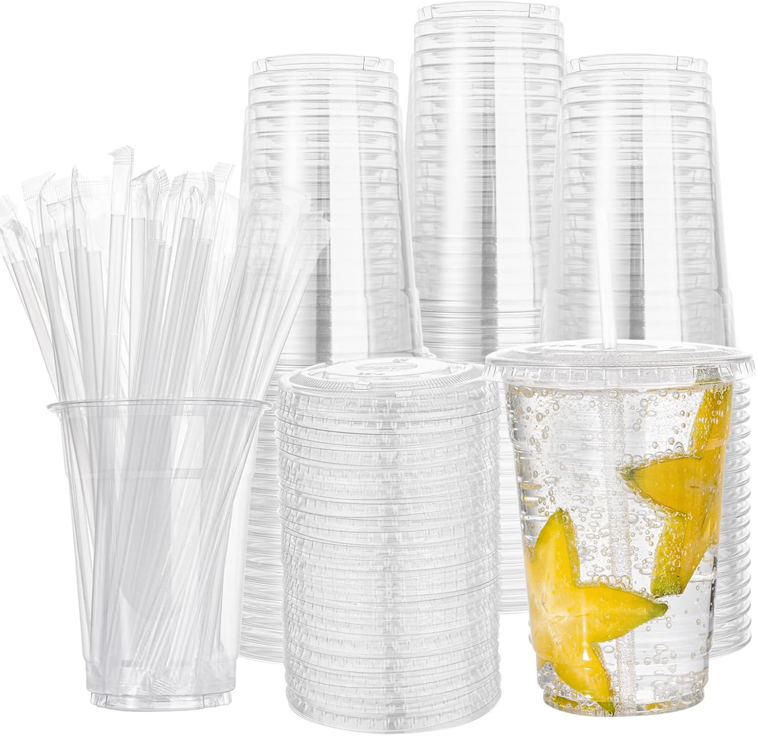 LCCFHTI 200 Sets 16oz Plastic Cups with Lids and Straws