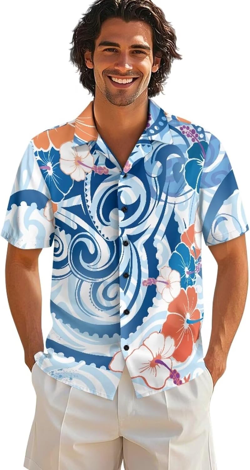 Polynesian Men's Aloha Shirt Hawaiian Casual Short Sleeve Button Up Tropical Samoa Traditional Tribal Totem