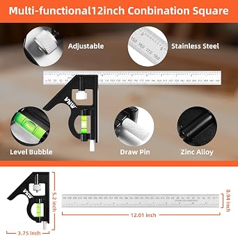 VNW 12inch Zinc Alloy Combination Square and 7inch Aluminum Rafter Square Set with Carpenter Pencil,Heavy Duty Carpenter Tools for Woodworking and Home DIY