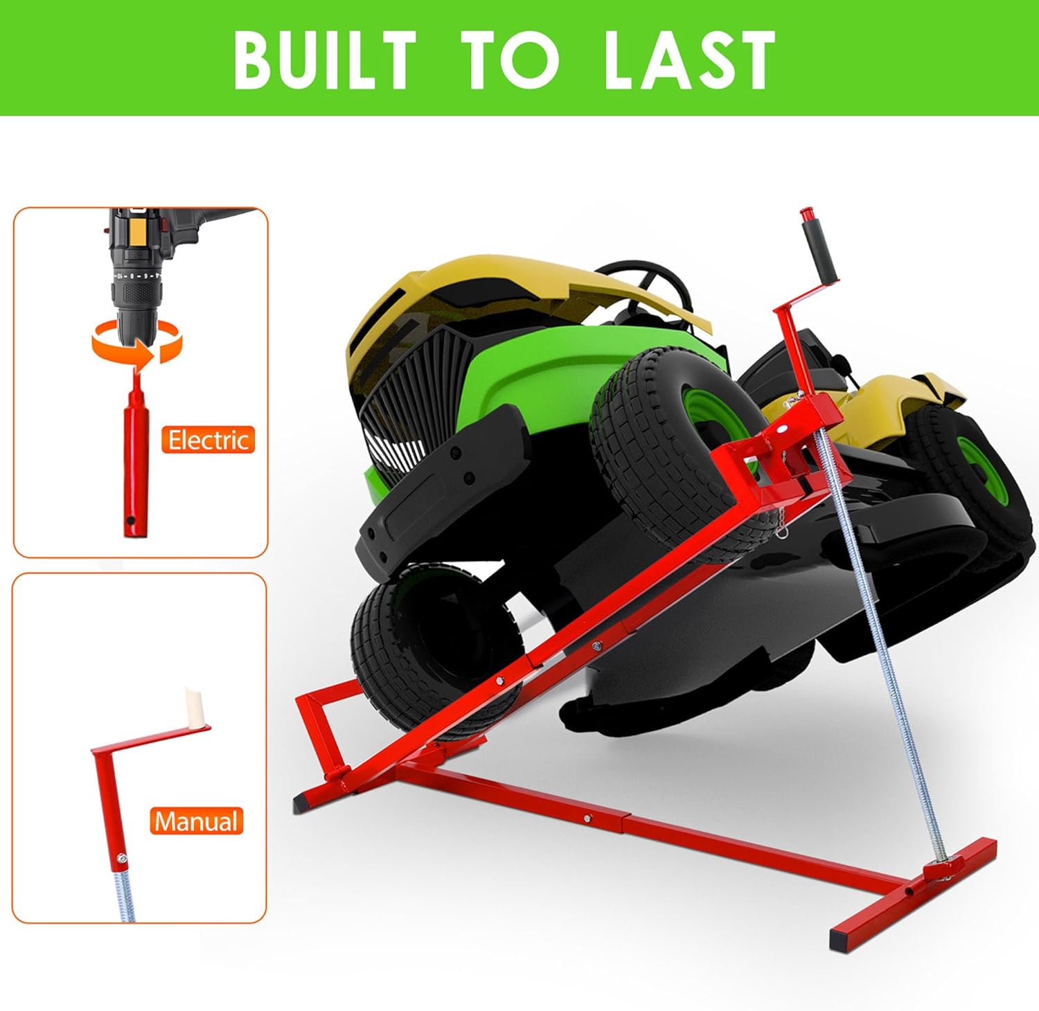 Foldable Lawn Mower Lift for Riding Tractors, Portable Lawn Mower Jack Lift Zero Turn & Telescoping Lawns Tractor Lifts with Adjustable Height/Manual or Power Handles, 880 LBS Capacity (Red)