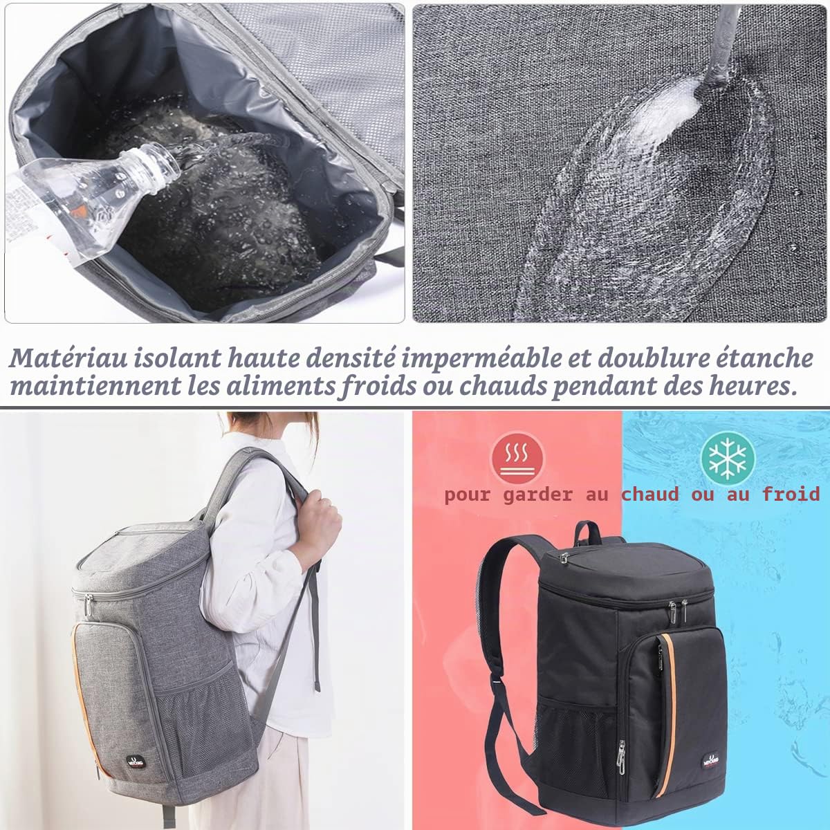 Sac à Dos Glacière Isotherme 28L, Sac de Pique-Nique Sac Isotherme Portable Cooler Backpack Bag, pour Homme Femme au Travail,à l'école,Les Pique-niques,randonnée,Camping (Noir)