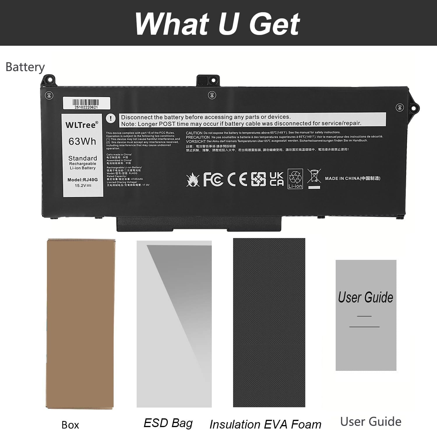63Wh RJ40G Batteria per Dell Latitude 14 5420 Latitude 15 5520 Precision 15 3560 Mobile Workstation Series P137G P137G001 P104F 075X16 01K2CF WY9DX 005R42 0WK3F1 0M3KCN Battery 15,2V