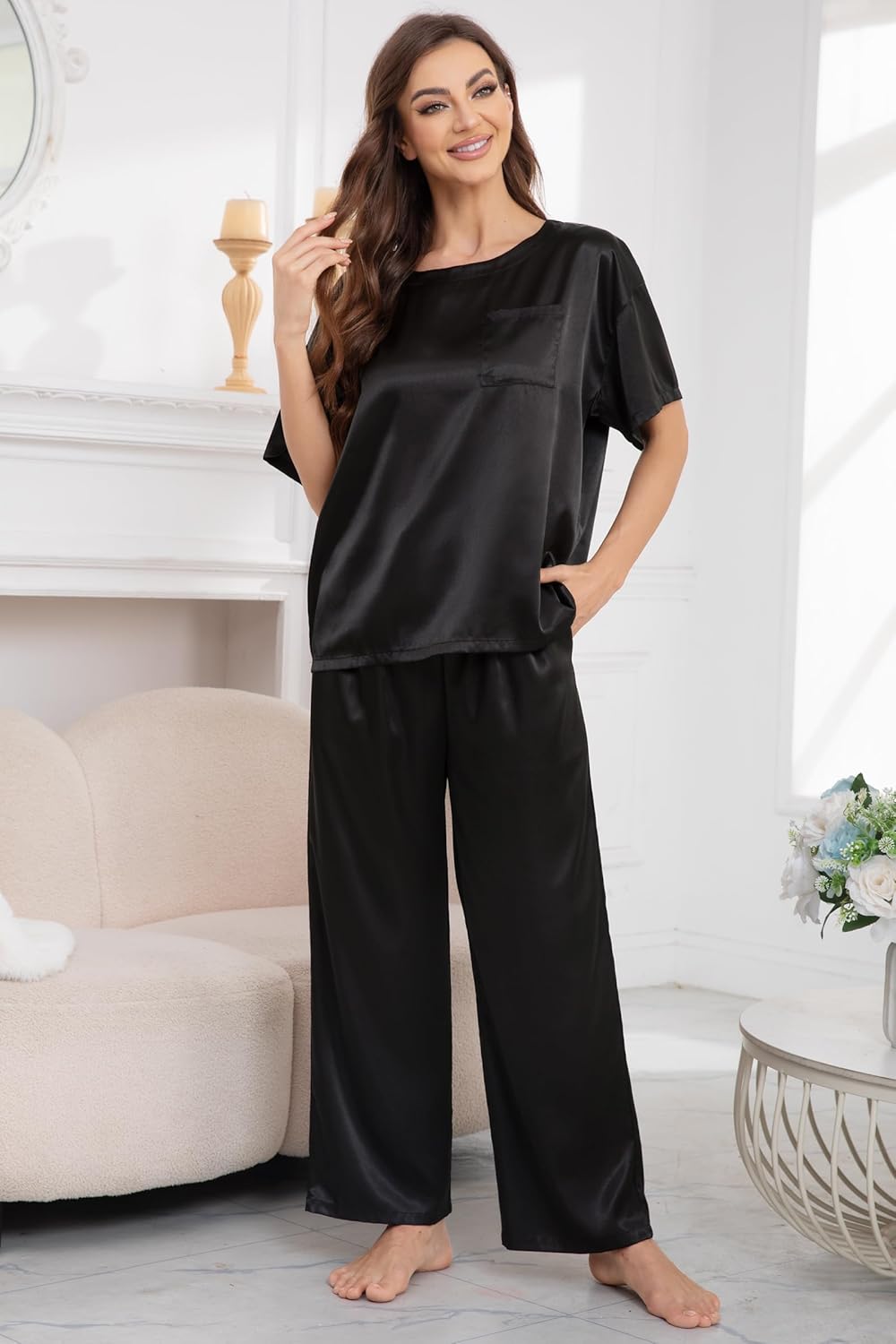 Nanxson Womens Satin Pajama Nightwear 2 Piece Loungewear with Pockets Soft Sleepwear Silky Short Sleeve Shirt with Long Pant - Image 5