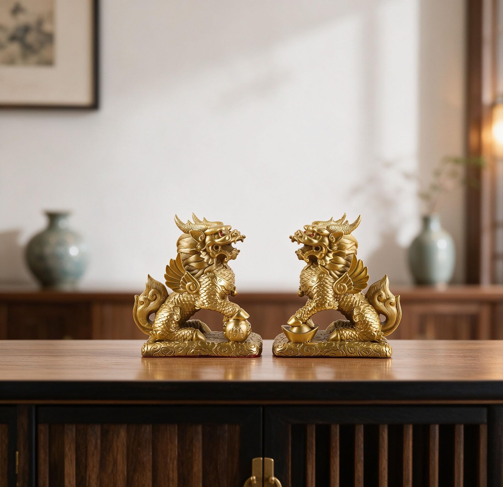 Para mosiężnych posągów Chi-Lin Kylin - figurki chińskiego bogactwa Kirin | Ozdoby i posągi Feng Shui do domu i biura, rzeźba dobrobytu przyciągająca bogactwo, powodzenia