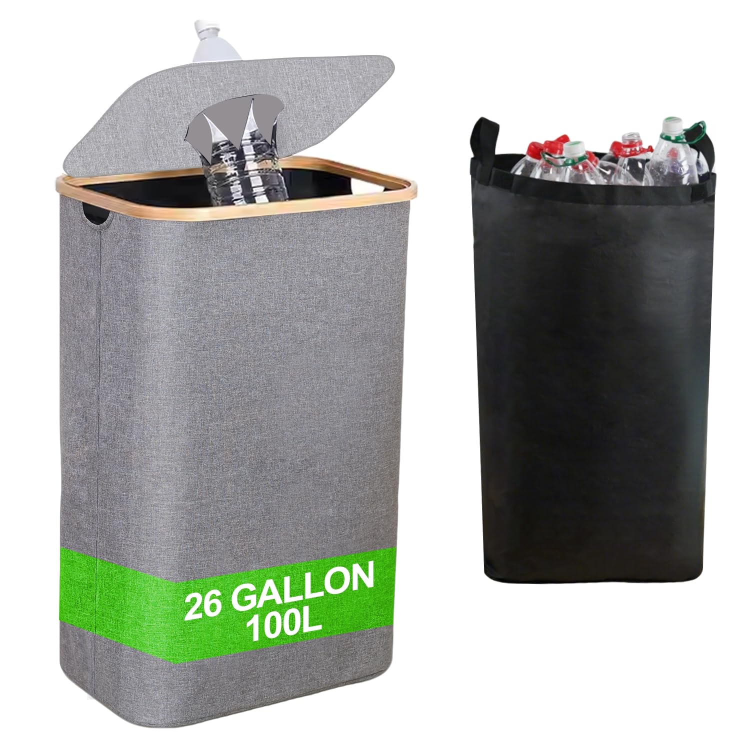 Cubo de reciclaje de cocina de 100 litros con tapa y 1 bolsa interior reutilizable, color gris, ideal para botellas, latas, vidrio, residuos de plástico