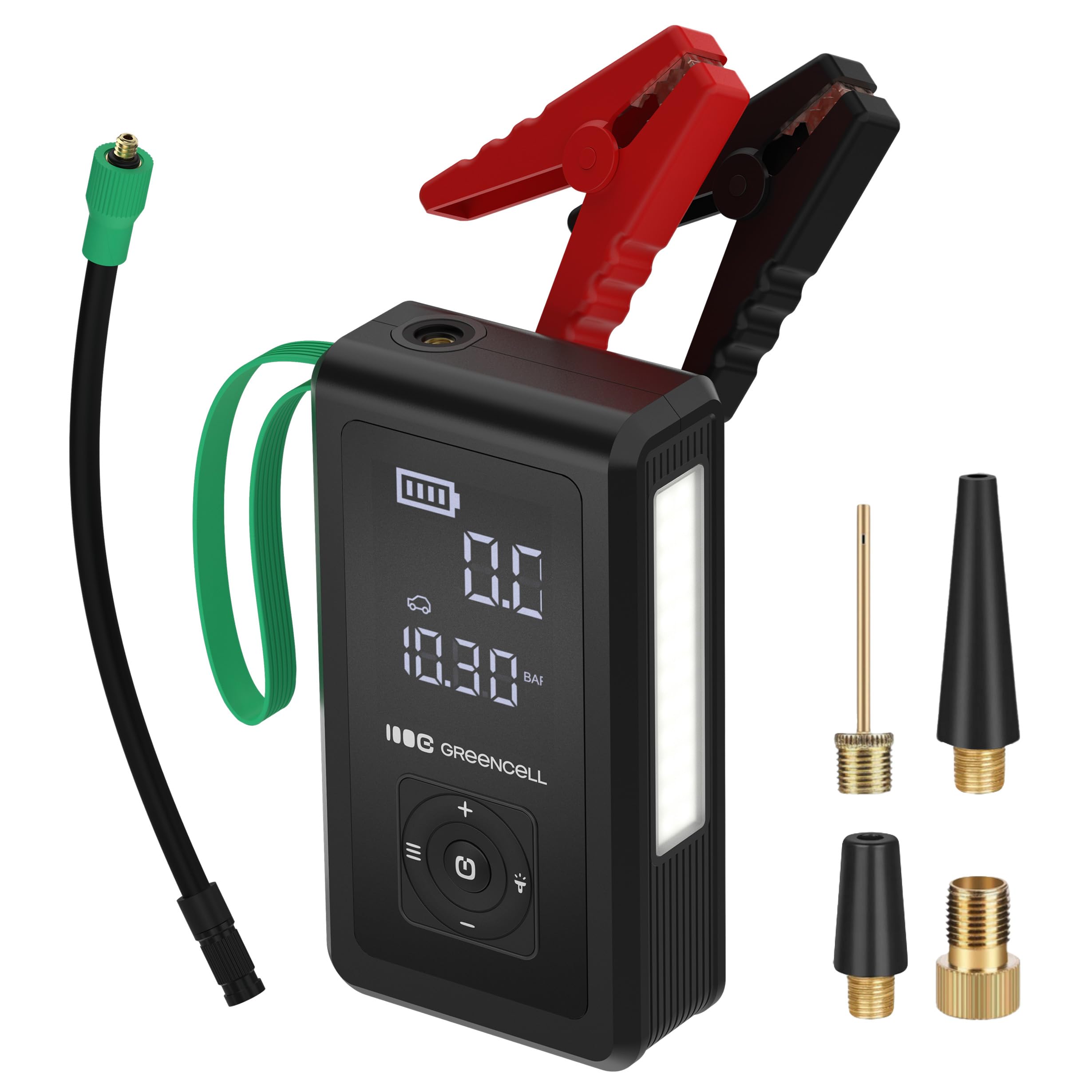 Front view of the Green Cell PowerBoost Air showing the digital display, control buttons, and side LED light.