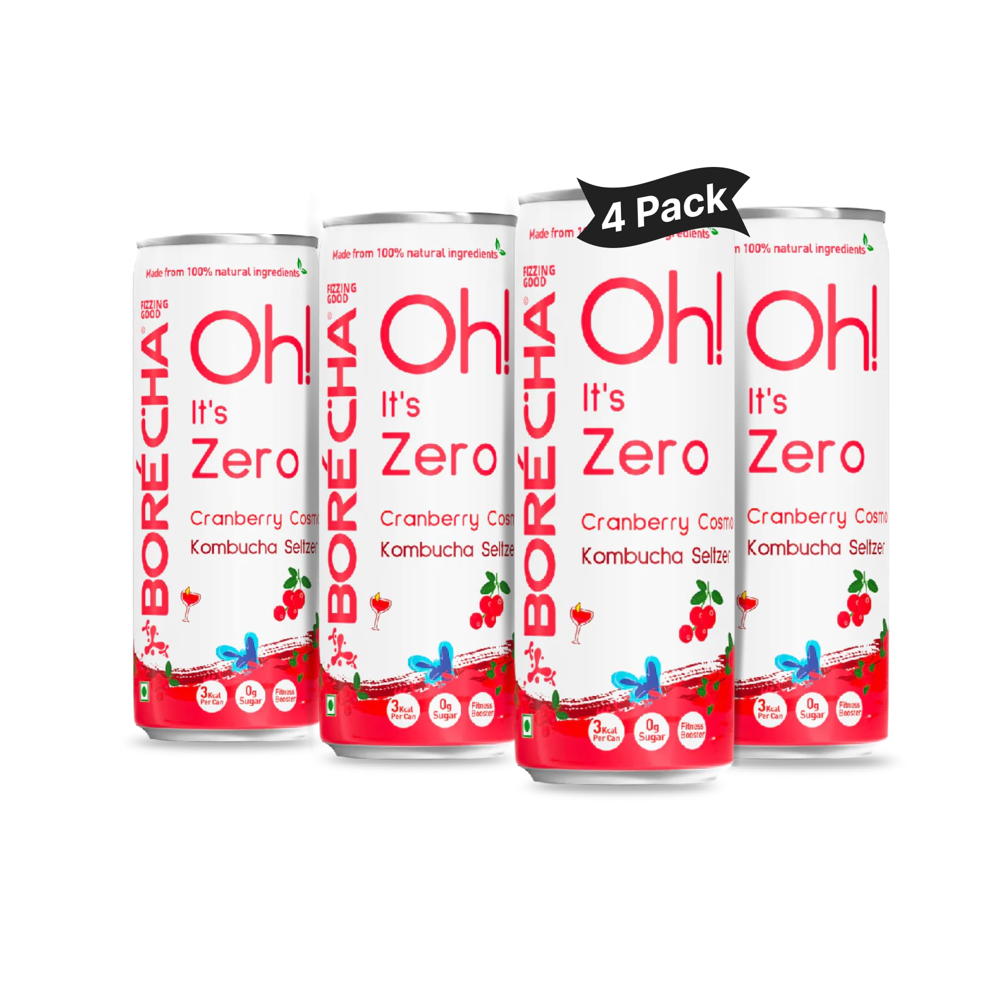 BoréchaOh! Zero Sugar Cranberry Cosmo Kombucha Seltzer | Non-Alcoholic Natural Prebiotic Beverage | Vegan & Gluten Free Kombucha Tea | Sugar Free Gut Friendly Kombucha Drink 330ml (Pack of 4)