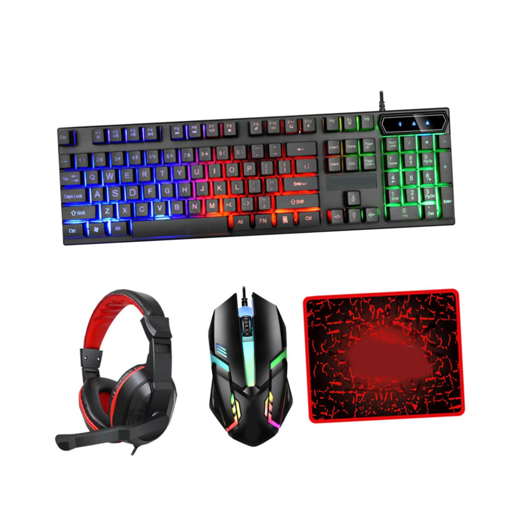 Combo Clavier et Souris Filaire Rétroéclairé Pack Robuste Durable avec Casque Audio et Tapis - 8