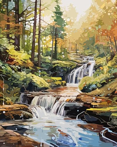 Miniatura 7 de Kits de pintura por números de cascadas de bosque primaveral, lienzo de 16 x 20 pulgadas, pintura al óleo para niños, estudiantes, adultos