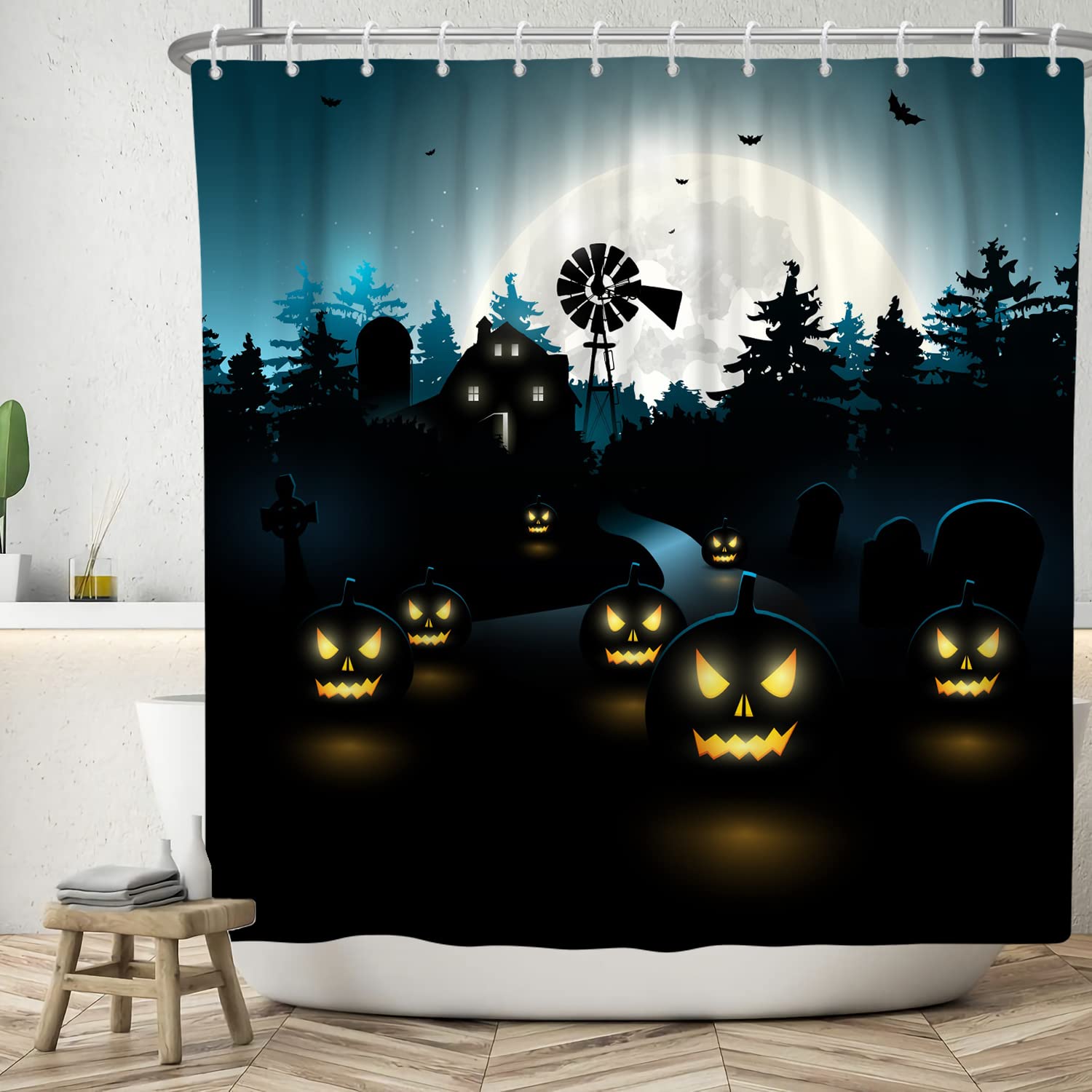 Halloween Duschvorhang 180x180 Cm – Mit Totenkopf-Motiv, Wasserdicht, Inkl. 12 Haken