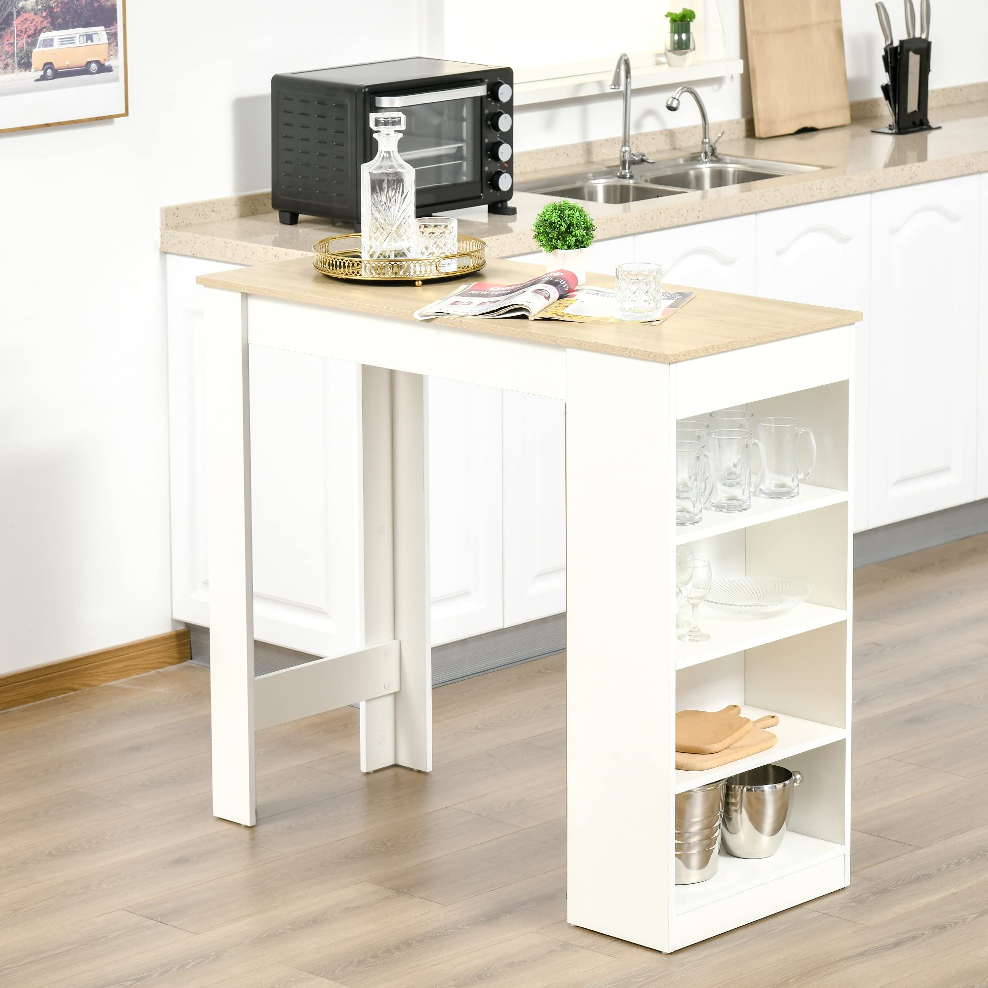HOMCOM Mesa de bar pour 2 personas, mesa de alta costura debout avec 4 étagères ouvertes, pour petits espaces, cocina, sala de estar, 115 x 50 x 102,7 cm, estilo moderno, blanc et bois naturel