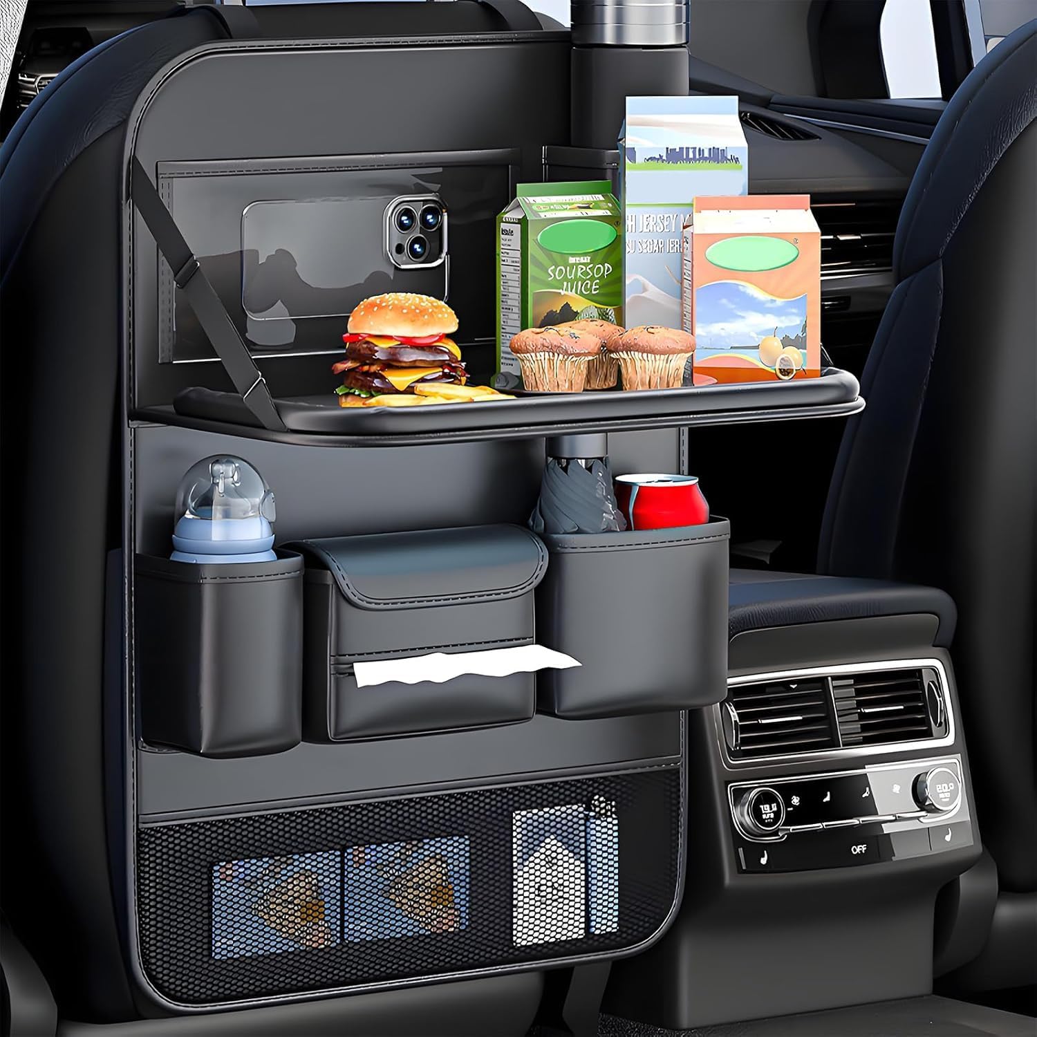Foldable Car Backseat Organizer with Table Tray, Car Seat Back Protector with Touch Screen Phone Holder, Premium Leather Kick Mats with Storage Pockets Tissue Holder (Black)