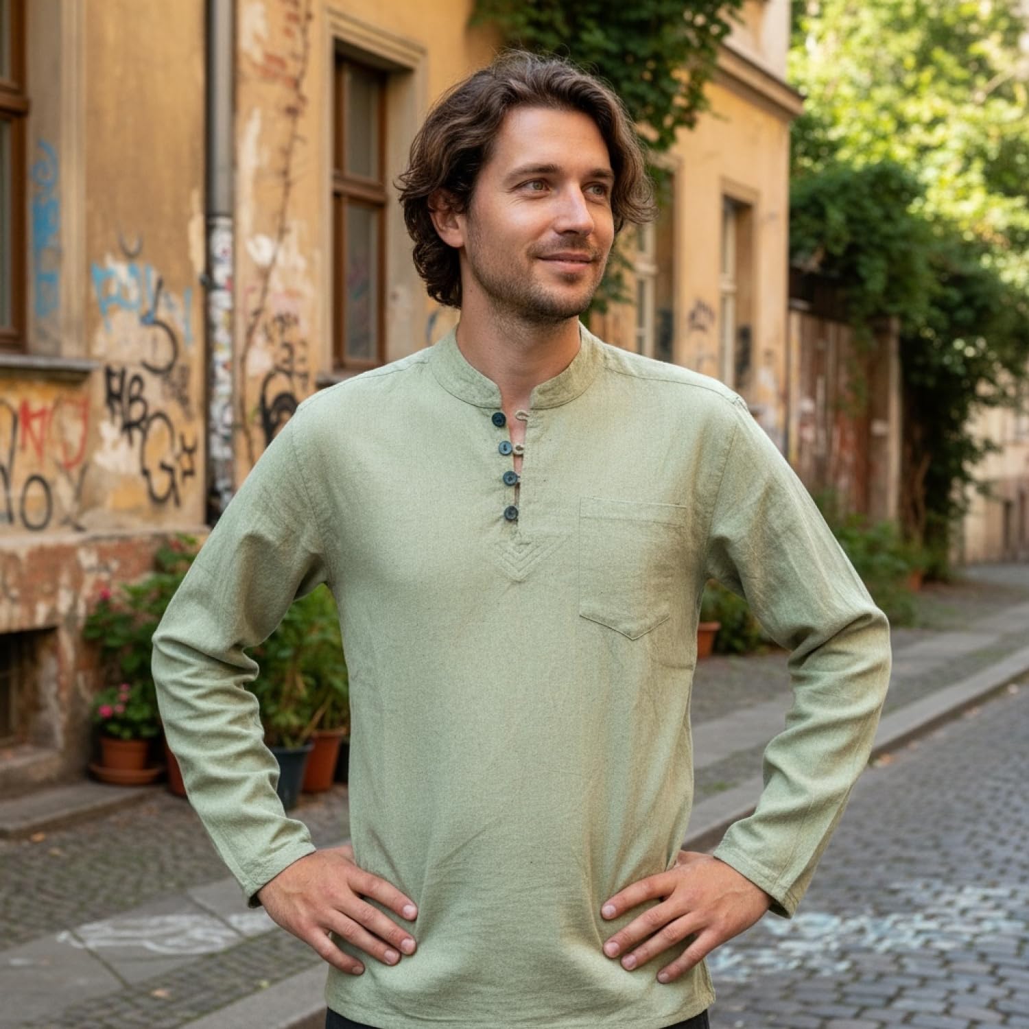 GURU SHOP Nepal Ethno Yogahemd mit Kokosknöpfen, Kurta-Hemd, Freizeithemd mit Stehkragen, Herren