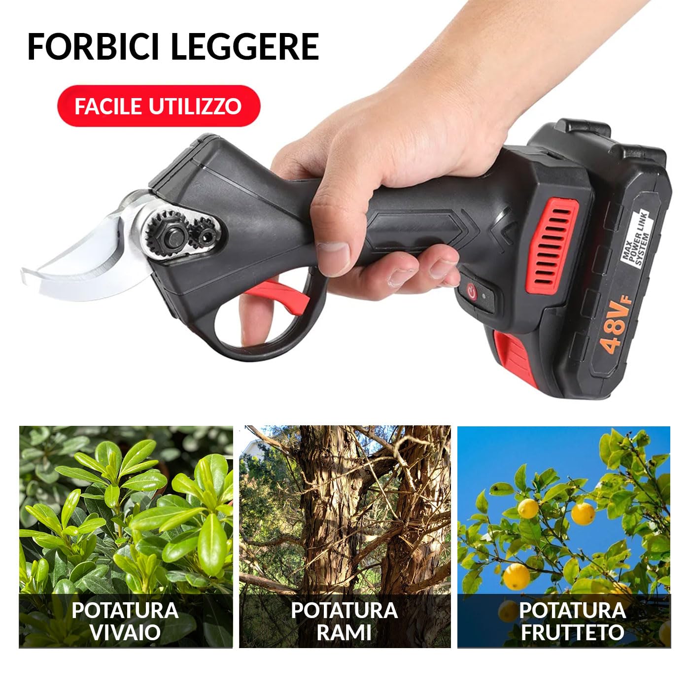 Forbici Potatura Elettriche a Batteria 48V Professionali – Taglio 25mm, 2 Batterie Litio, Cesoie Elettriche per Ulivo, Vigna, Alberi da Frutto e Giardinaggio