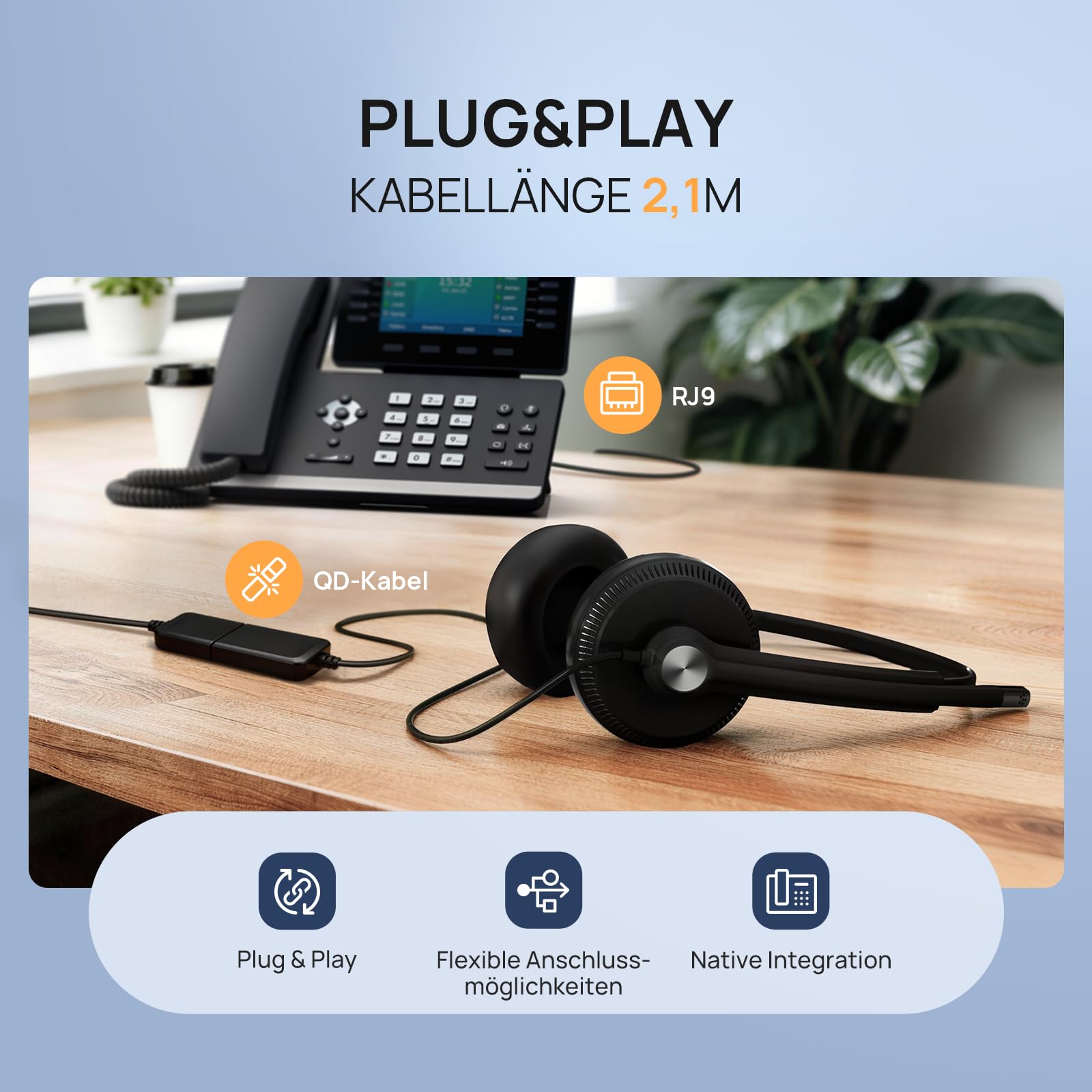 Yealink YHS34 Auriculares telefónicos con Cables de conexión RJ9 y QD. Compatibles con teléfonos Poly, Avaya, Snom y Grandstream. Auriculares monoaurales con micrófono para teléfonos de Oficina