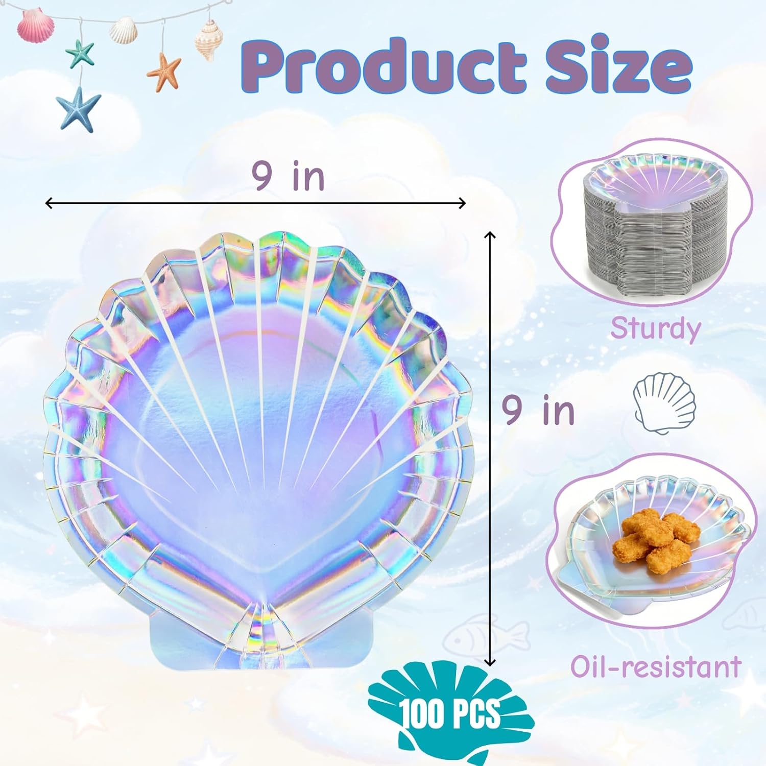 100 Pieces Mermaid Paper Plates, 9 Inch Seashell Plates for Party, Shell Shaped Disposable Iridescent Containers for Holographic Party Supplies for Birthday Baby Shower Decor