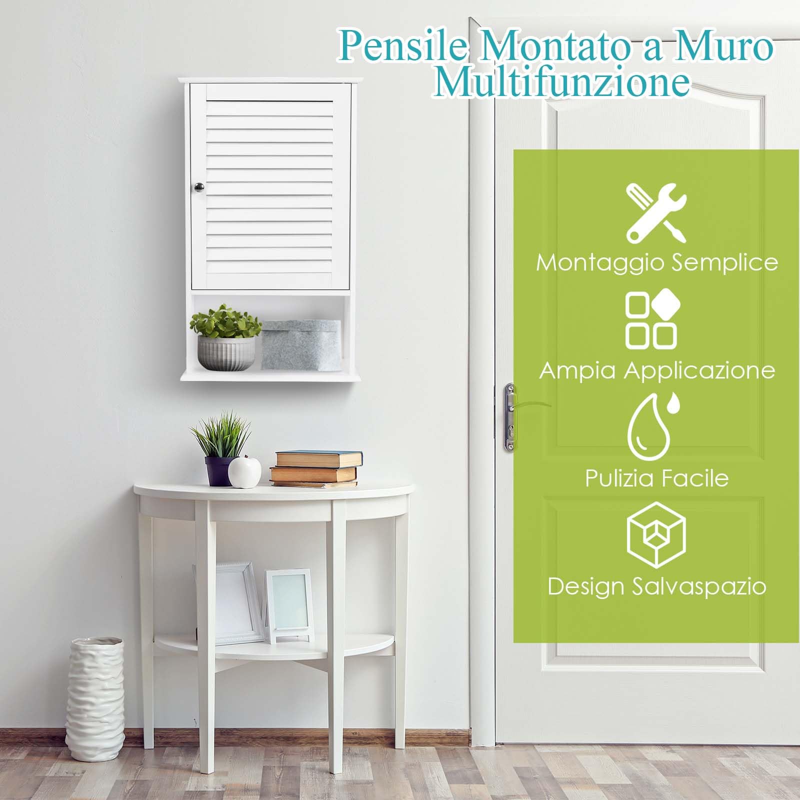 LIFEZEAL Pensile Bagno, in Legno, Mobiletto Bagno Salvaspazio, 42x17x70 cm, Pensile con Ante a Persiana e Mensola Aperta, Armadietto Sospeso con Ripiano Regolabile, Mobile da Muro per Cucina (bianco)