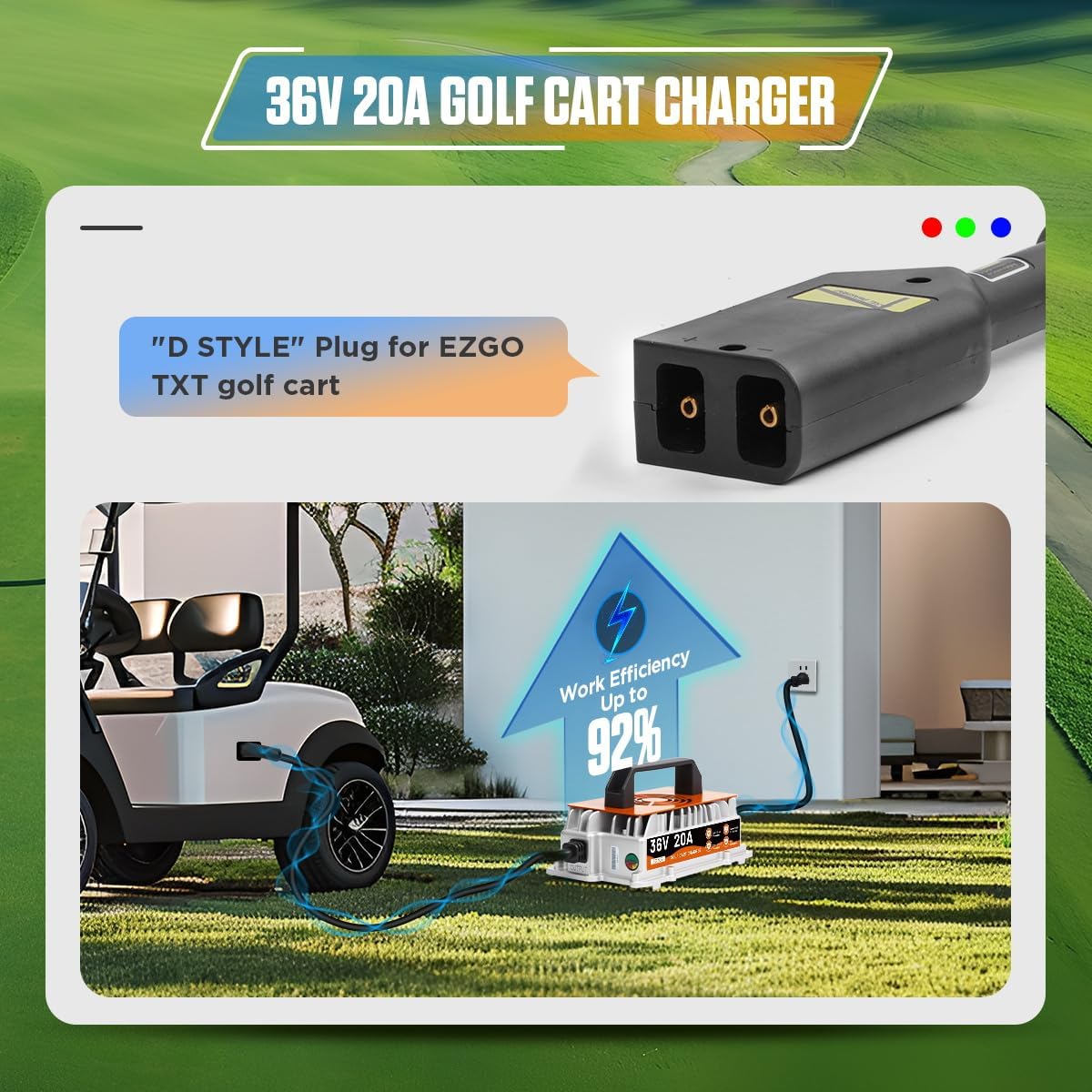 36 Volt Golf Cart Battery Charger for TXT EZGO Golf Cart Charger 36 Volt EZGO 20AMP 1250W Fully Automatic Smart Charging with IP67 Waterproof, 16Ft Cable, for Lead-Acid Batteries