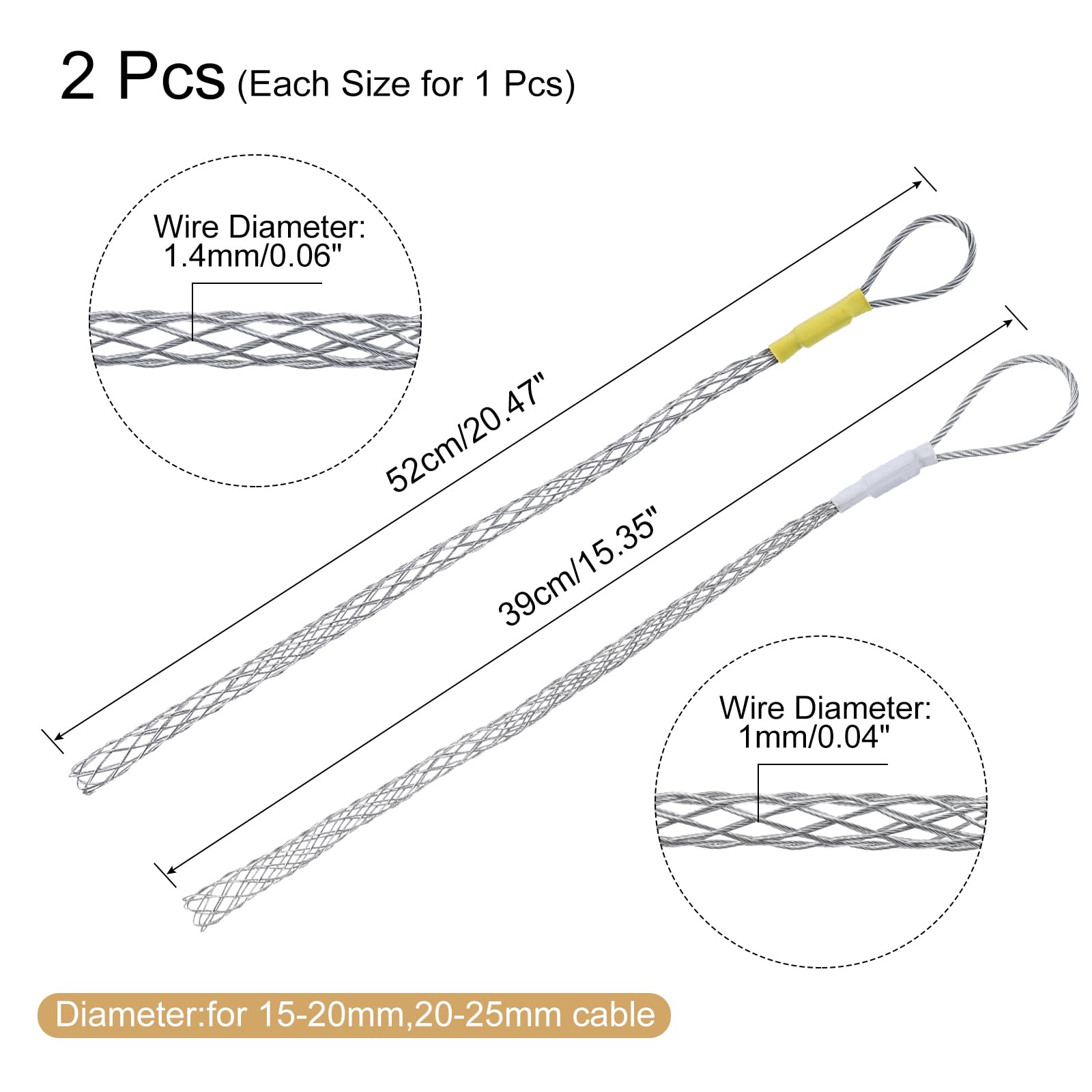 QUARKZMAN Ferrule per Tiracavi per Cavi 15-20mm+20-25mm Bianco+Giallo 39/52mm,0,12/0,16 Piedi Calza Tiracavi in Rete Filo Acciaio Zincato a Singola Testa Copertura Liscia