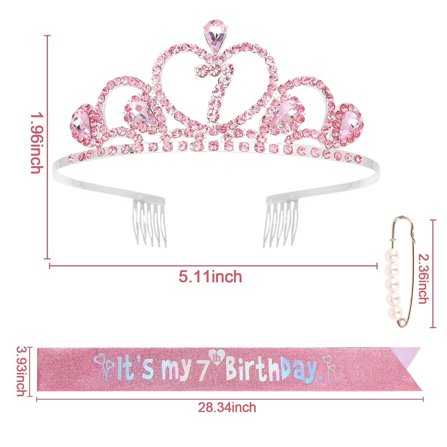 Jaciya 7th Birthday Crown & Sash Pink Birthday Decorations