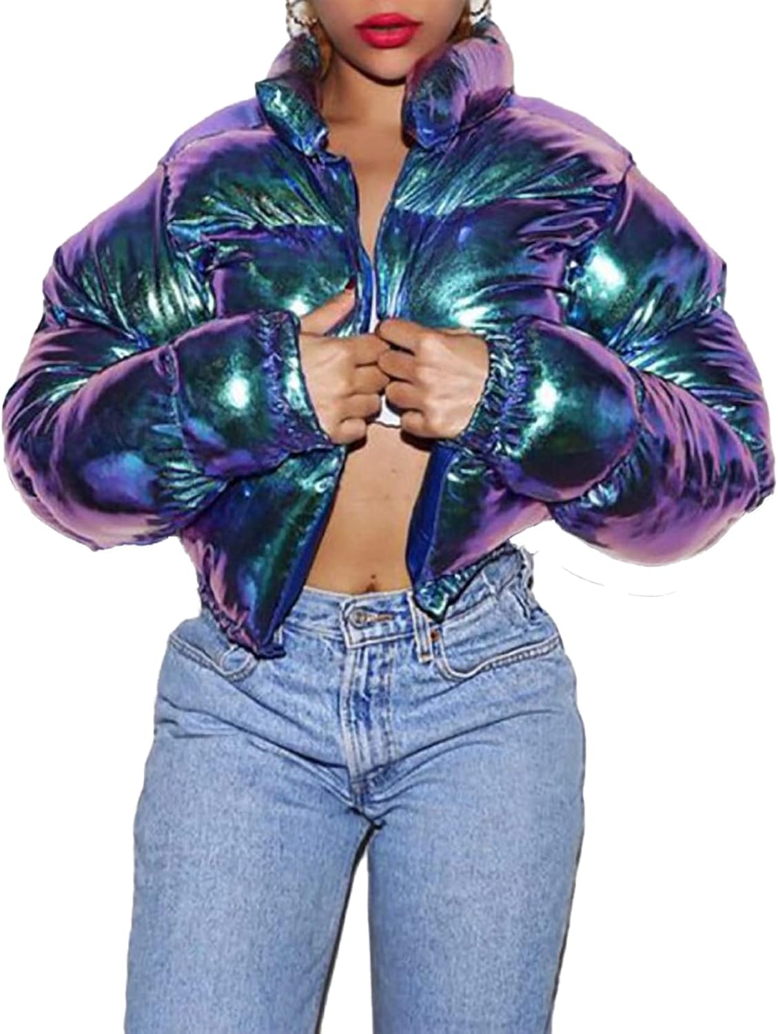 Flygo Women's Shiny Cropped Puffer Jacket Quilted Winter Zip Up Bubble Puffy Coat
