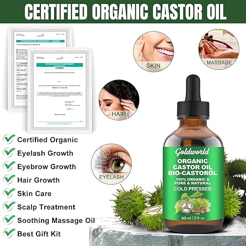 Miniatura 2 de GoldWorld Paquete de aceite de ricino con aceite de ricino orgánico prensado en frío sin refinar botella de vidrio reutilizable de franela de