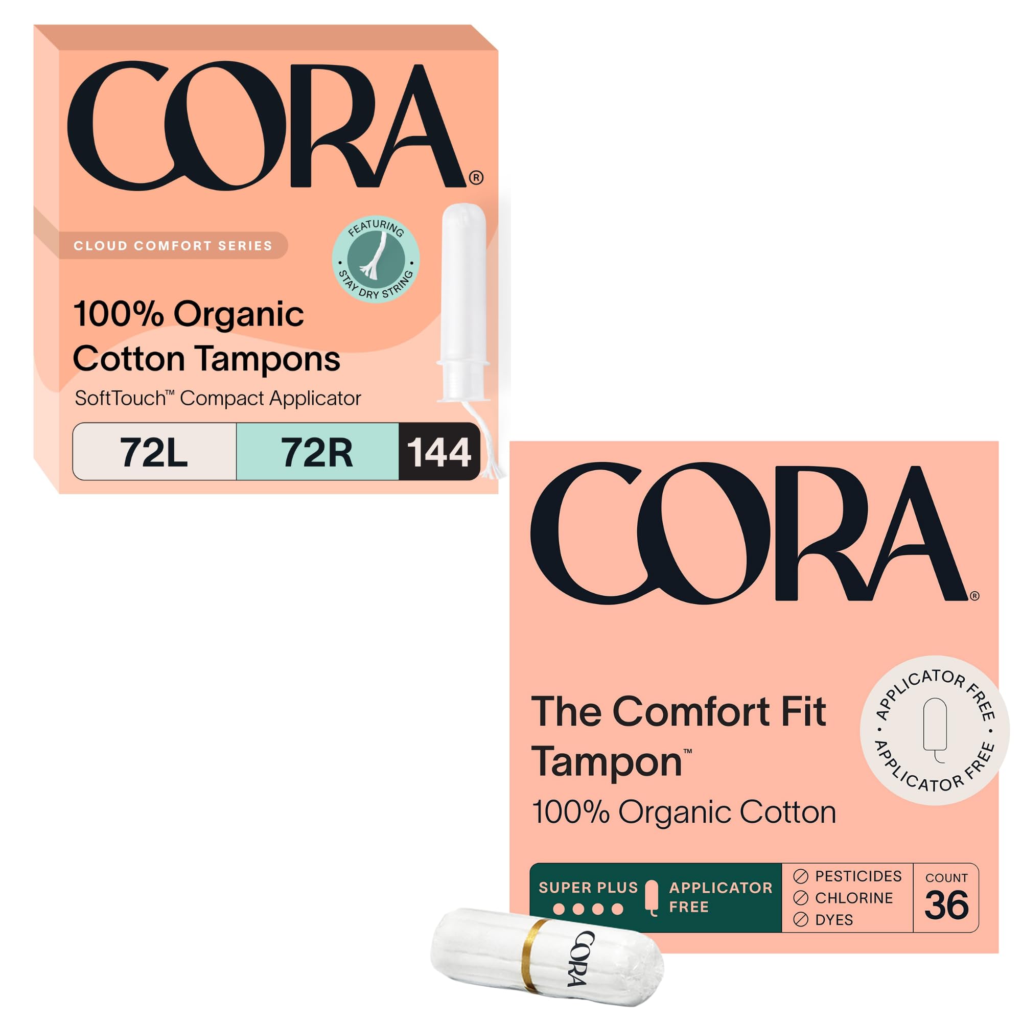 Cora Organic Feminine Care Applicator and Non-Applicator Tampon Packs Ultra-Absorbent Unscented Natural Non-Toxic 180 Total Bundle Pack