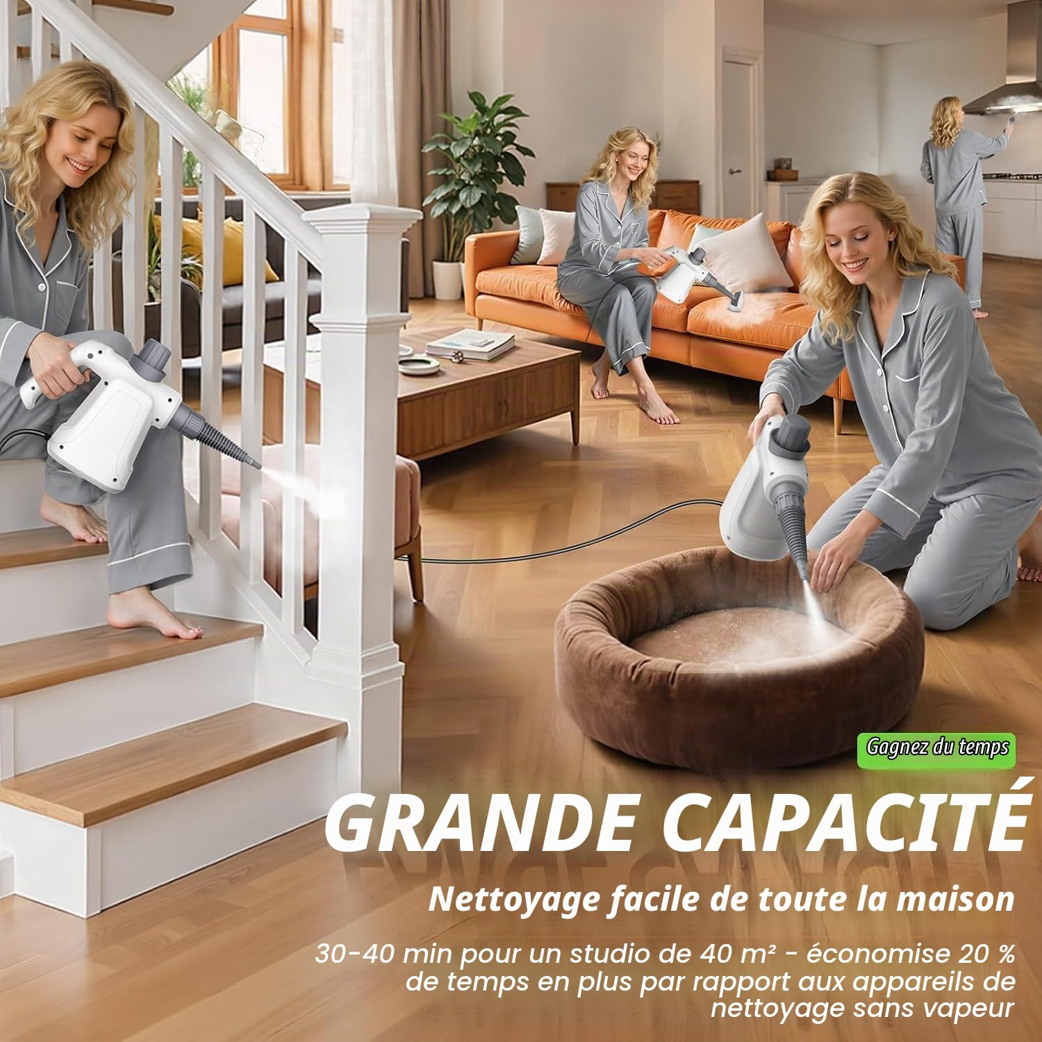 Nettoyeurs Vapeur électriques Portable Nettoyeur Vaporisateur Appareil Vapeur a Main Haute Pression Professionnel Cuisine, Salle de Bain, Voiture, Vitre, Joint Carrelage, 1050W, 3.2 Bar 400ml