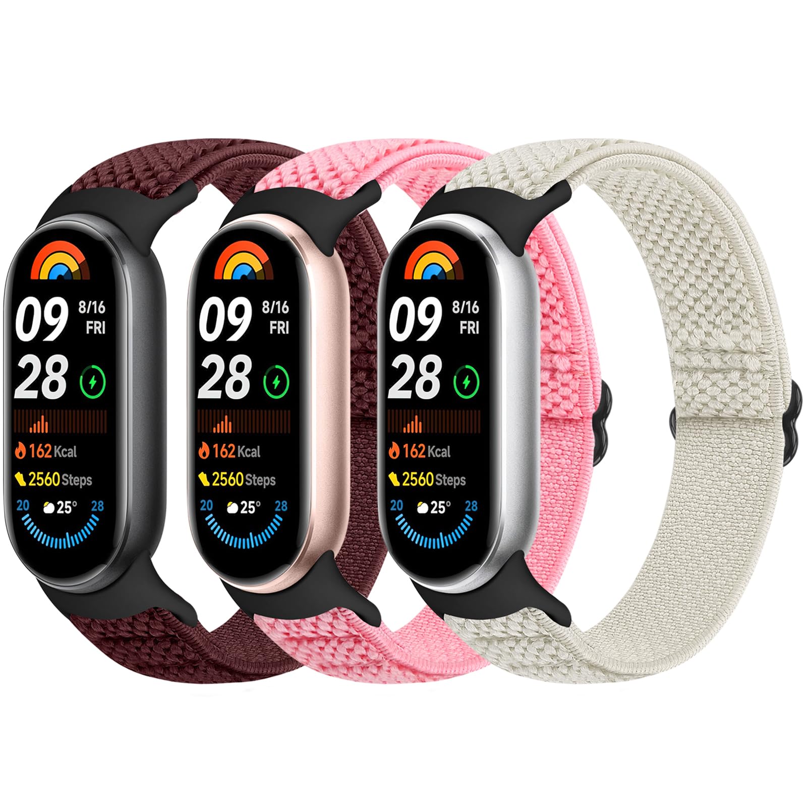 Bcuckood Elastisches Armband Kompatibel mit Xiaomi Smart Band 10/9/8 Damen Herren, dehnbares Uhrenarmband weiches elastisches Nylon Ersatzarmband für Xiaomi Mi Band 10/9/8, 3 Stück