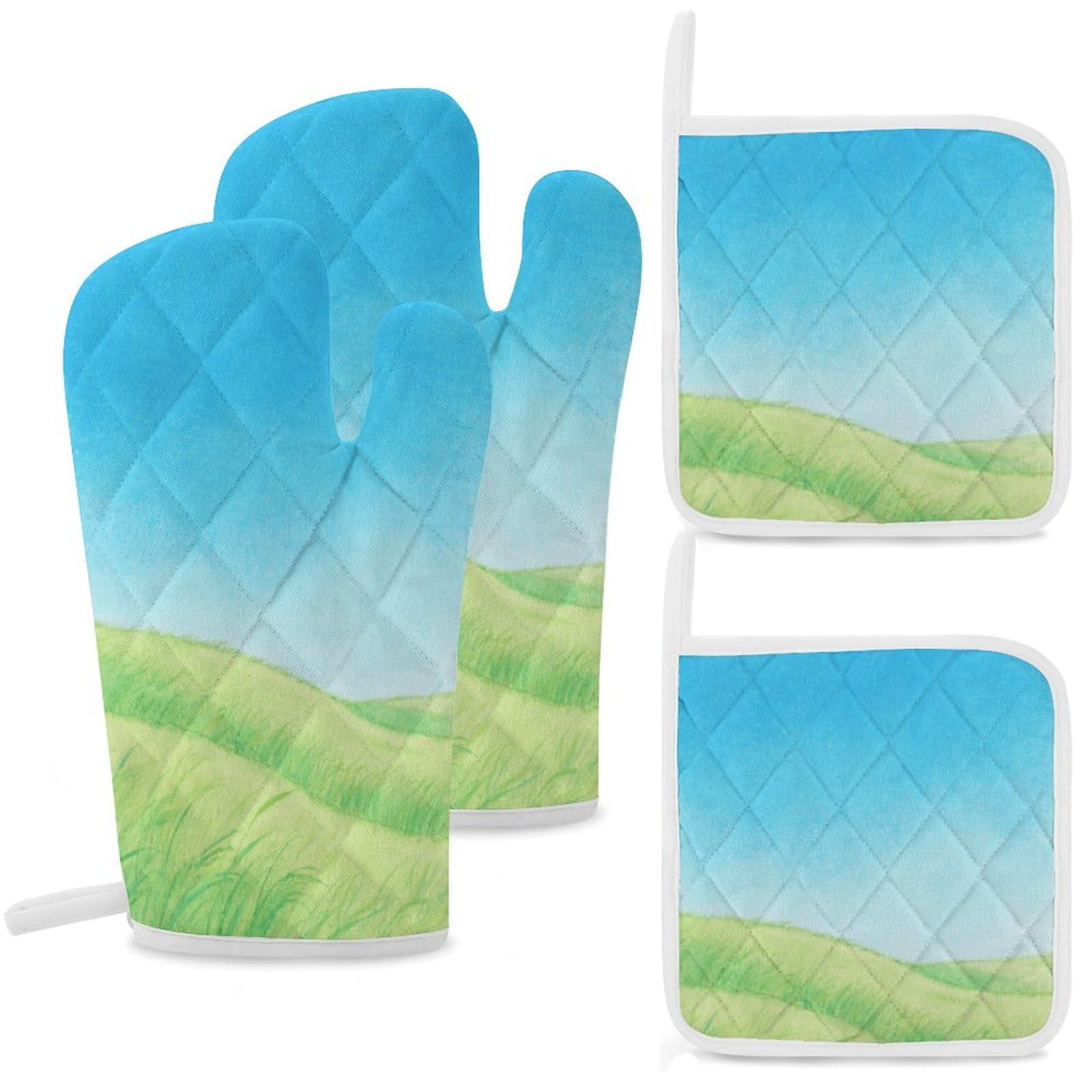 Fekiloot Style Grassland Oven Mitts And Pot Holders 4-Piece Set, Kitchen Oven Glove With Hanging Loop, Bbq Gloves For Cooking Baking Grilling