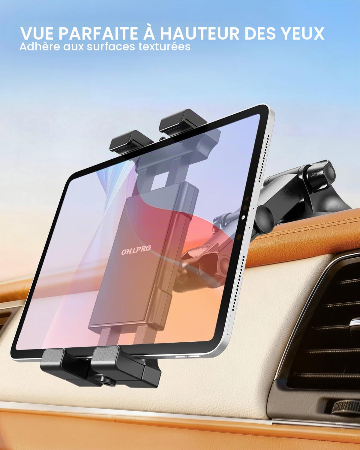 OHLPRO Support Tablette Voiture Tableau de Bord Pare-Brise, Ventouse Puissante Camion avec Bras Long Extensible, Support iPad Auto pour 5-17" Appareils iPad Pro 12.9 Air Mini, Galaxy Tab