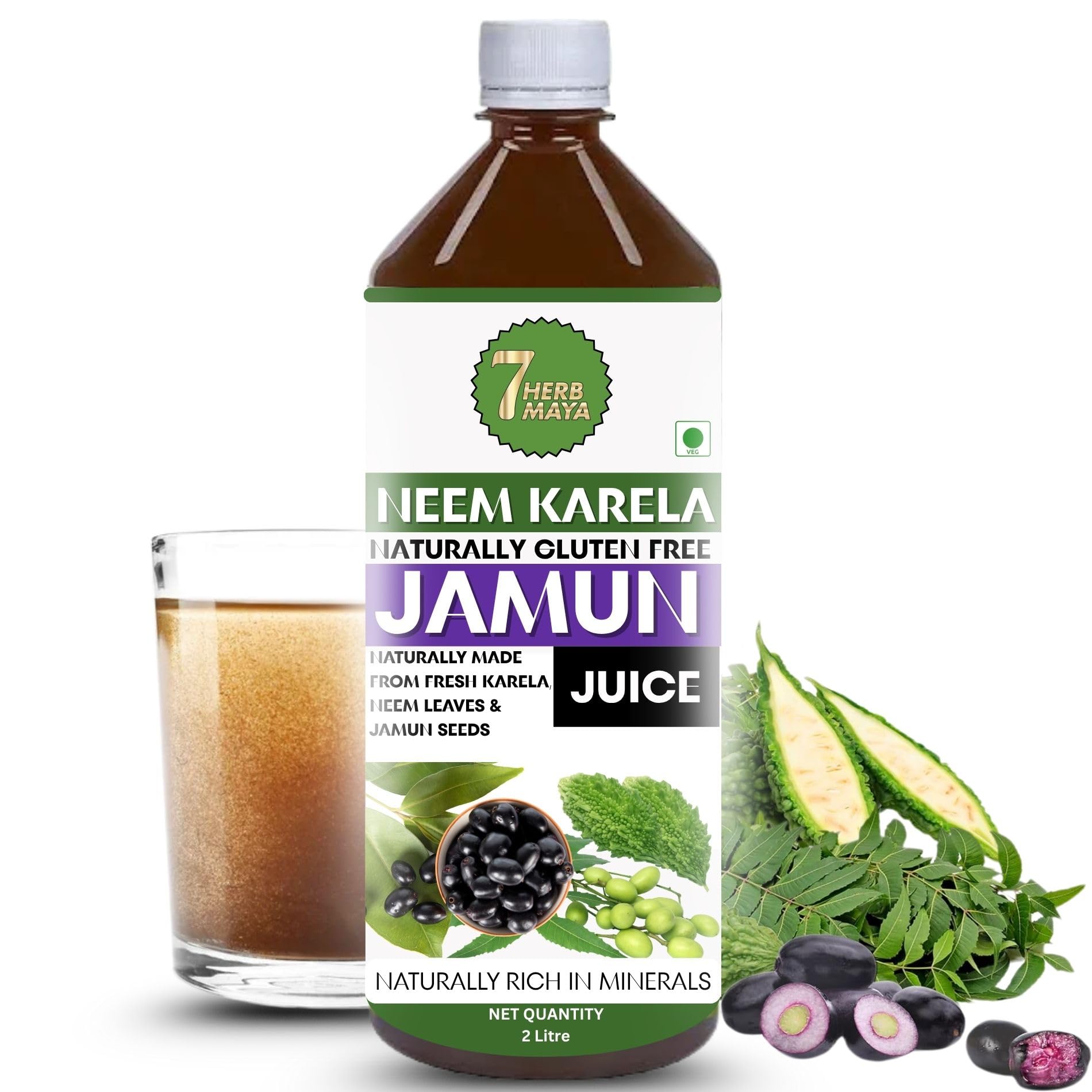 7Herbmaya Neem Karela Jamun Juice | Herbal Juice with No Added Sugar | Natural Bitter Blend | Ayurvedic Daily Wellness Drink (2 Litre)