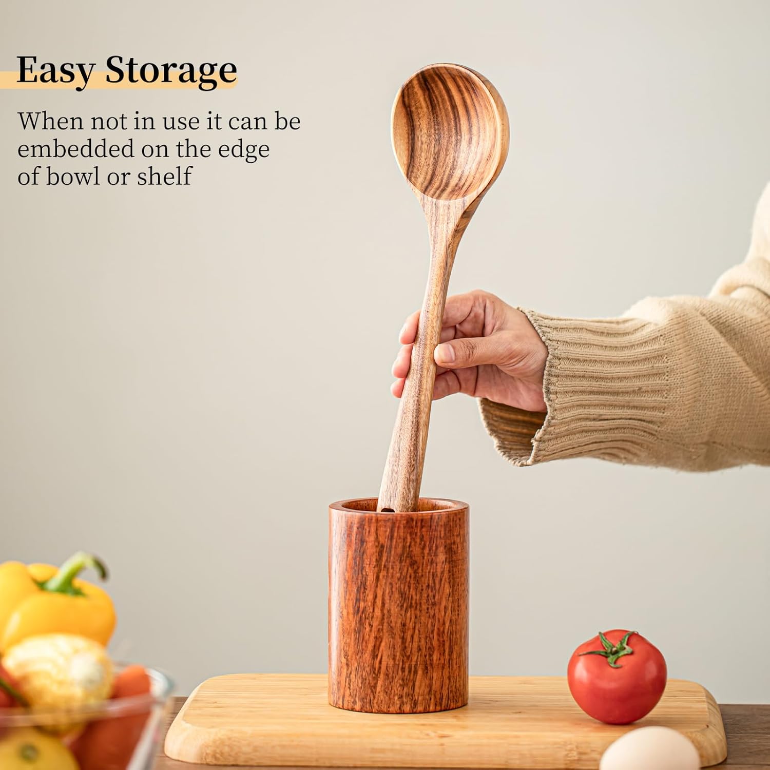 Gudamaye Wooden Soup Ladles, Natural Teak Wooden Spoons, 13 inch Big Deep Ladle for Cooking, Wood Kitchen Utensils Set - Image 5