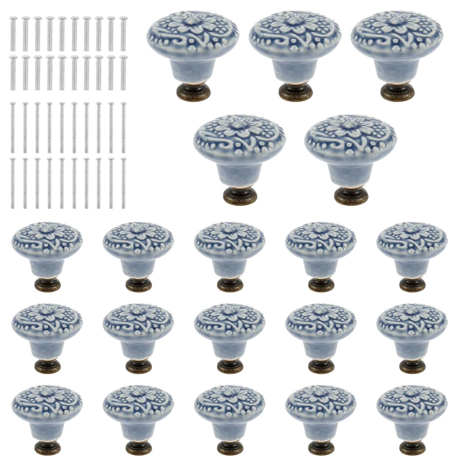 YJQXMYU 20Pcs Ceramic Drawer Knobs Set with 40 Screws, Vintage Ceramic Cabinet Knob Set Vintage Drawer Knobs Multipurpose Decorative Dresser Knob Handle for Cabinets Drawers Cupboard Wardrobe (Blue)