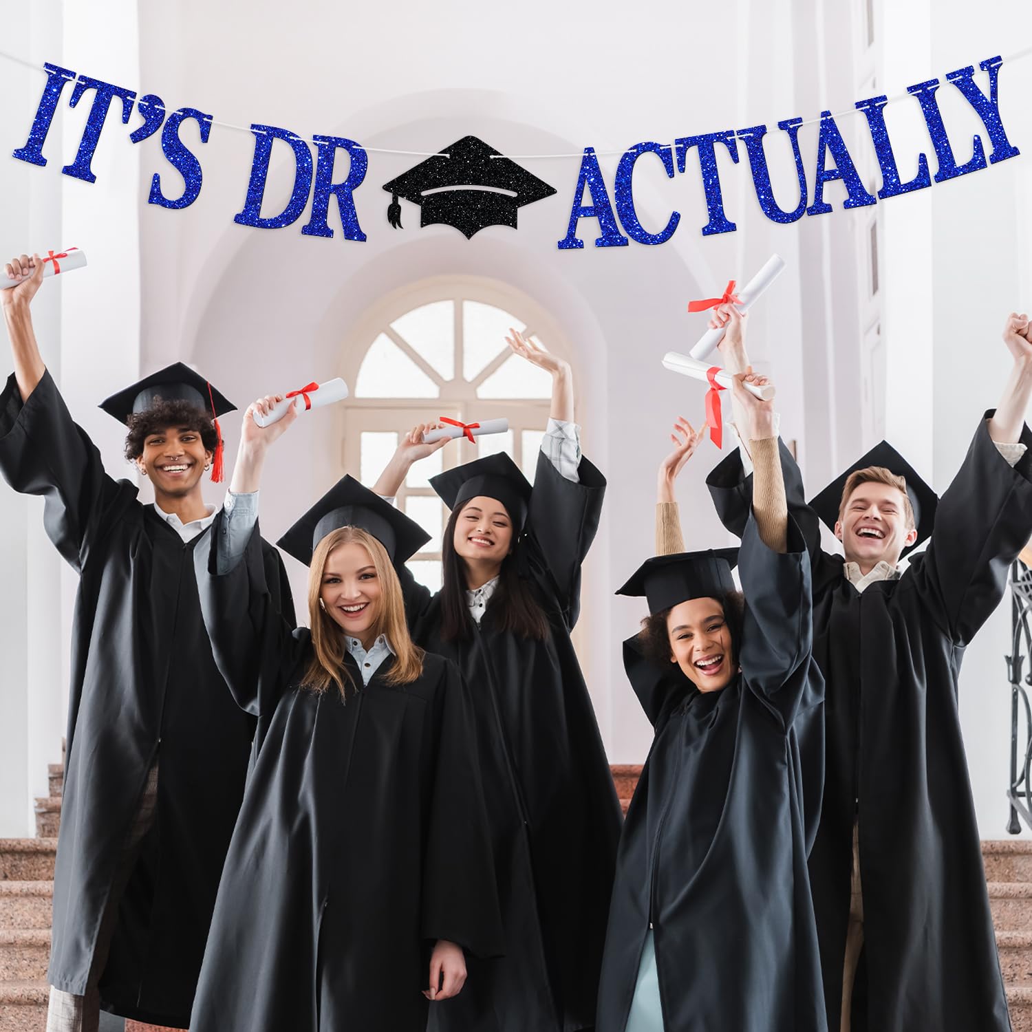 "It's Dr Actually" Glitter Banner - Congrats Doctorate Degree Graduation Decor, Class Of 2025, Blue Glitter