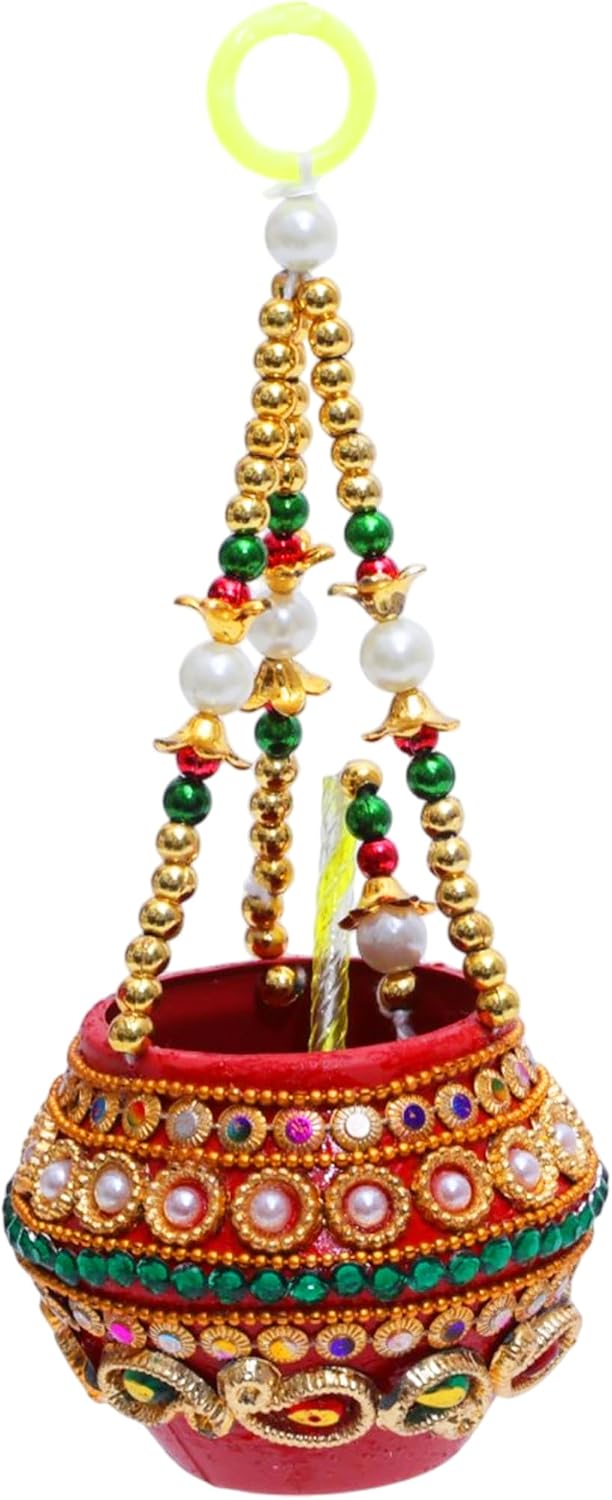 Laddu Gopal Kalash Dahi Handi Hanging Matki Pot Artificial Plastic Indian Traditional Handmade Krishna Matki Pearl Beads Bansuri Stone Work Hanging Pooja Home Decor Janmashtami Festival (Size:-6"X2")