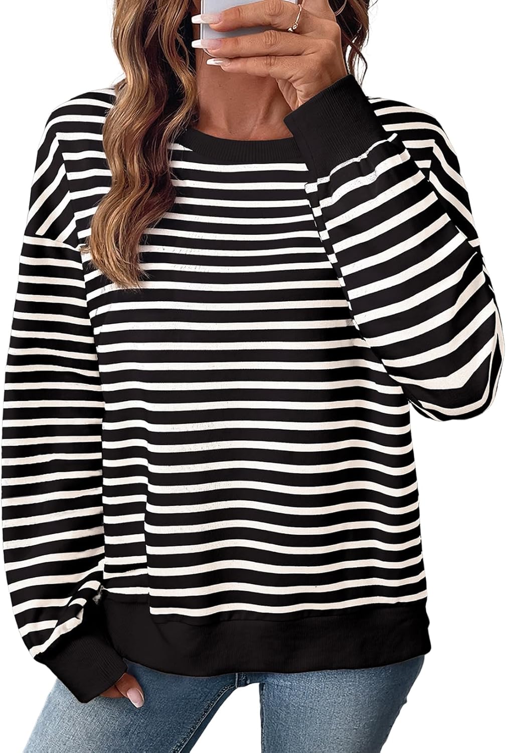 SHEWIN Oversized Sweatshirt for Women Crewneck Striped Shirt Long Sleeve Tops Pullover Womens Fall Fashion 2025