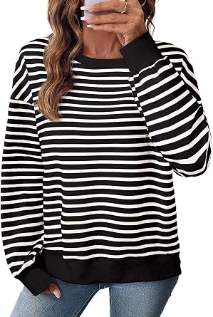 SHEWIN Oversized Sweatshirt for Women Crewneck Striped Shirt Long Sleeve Tops Pullover Womens Fall Fashion 2026