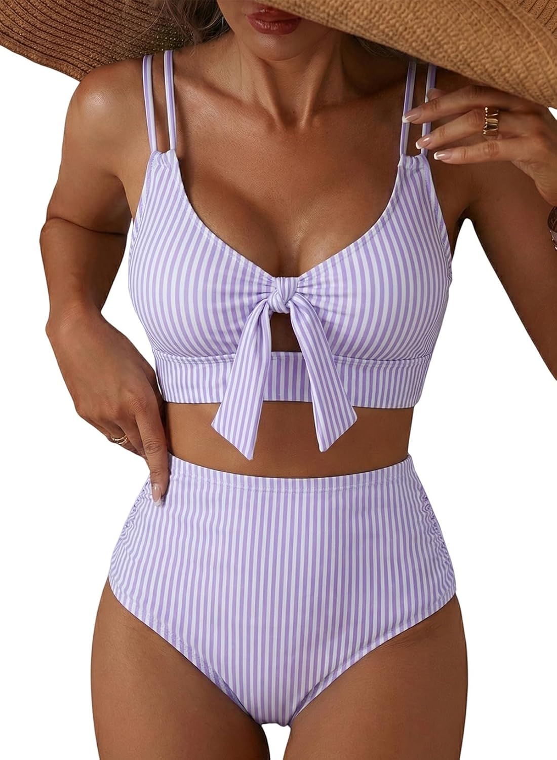 Herseas Women Bikini Sets Knotted Front 2 Piece Swimsuits Two Piece High Waisted Bathing Suit Double Strap Beach Wear