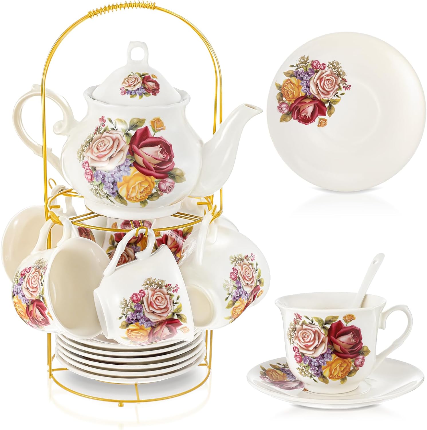 Zhehao 20 Pcs Porcelain Tea Set with Metal Holder and Spoon Adult Ceramic Tea Set European Flower Painting Teapot Cup Saucer Spoon for Women, Large Version(Styleish Style)