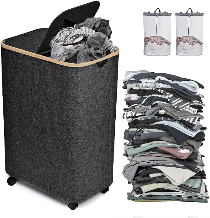 Large Laundry Hamper with Wheels and Lid | 144L Collapsible Laundry Baskets with Removable Bag | Dirty Clothes Hamper for Bedroom, Dorm | CrazyHome Double Rolling Laundry Basket with Handles - Black