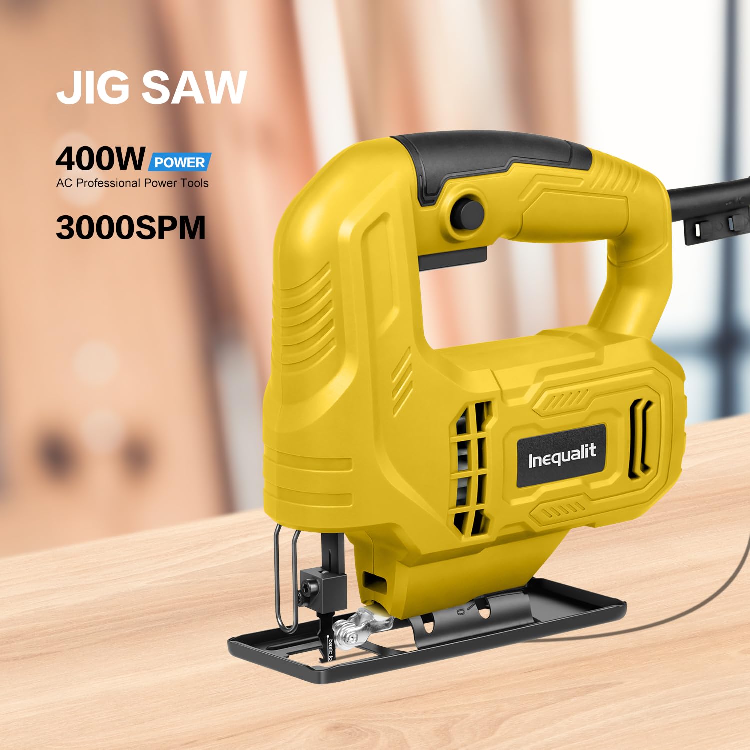 Scie Sauteuse 400W Avec Variateur De Vitesse (0-3000 CPM) + Angle De Coupe Réglable (±45°) + Fonction Verrouillage + 3 Lames Incluses (Bois/Métal/Pvc)​,Jaune