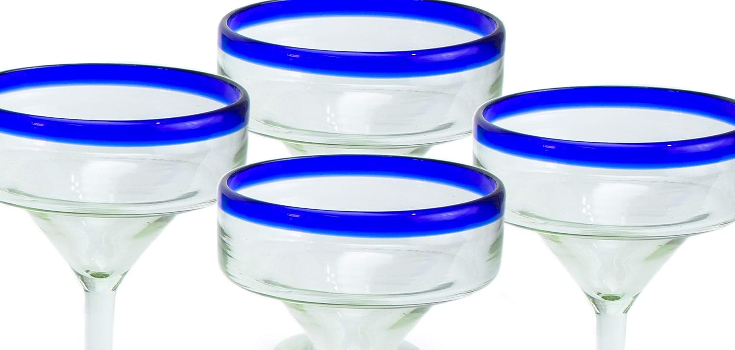 MexART Artisan Crafted Hand Blown Blue Rim Margarita Glass Recycled Glass, 16 oz. 'Classic' (Set of 4)