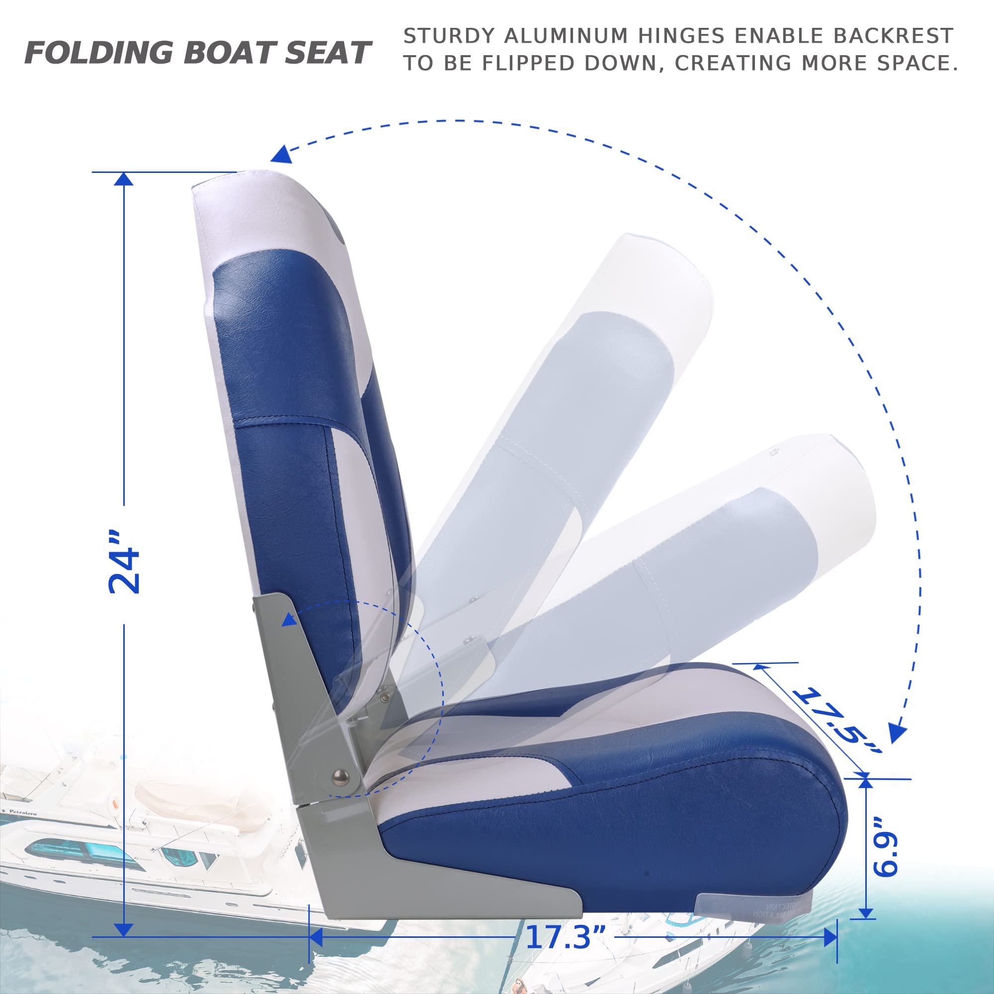Deluxe Marine Klappbarer Bootssitz mit hoher Rückenlehne, Edelstahlschrauben im Lieferumfang enthalten, Stil C11-Weiß Pazifikblau (2 Sitze)