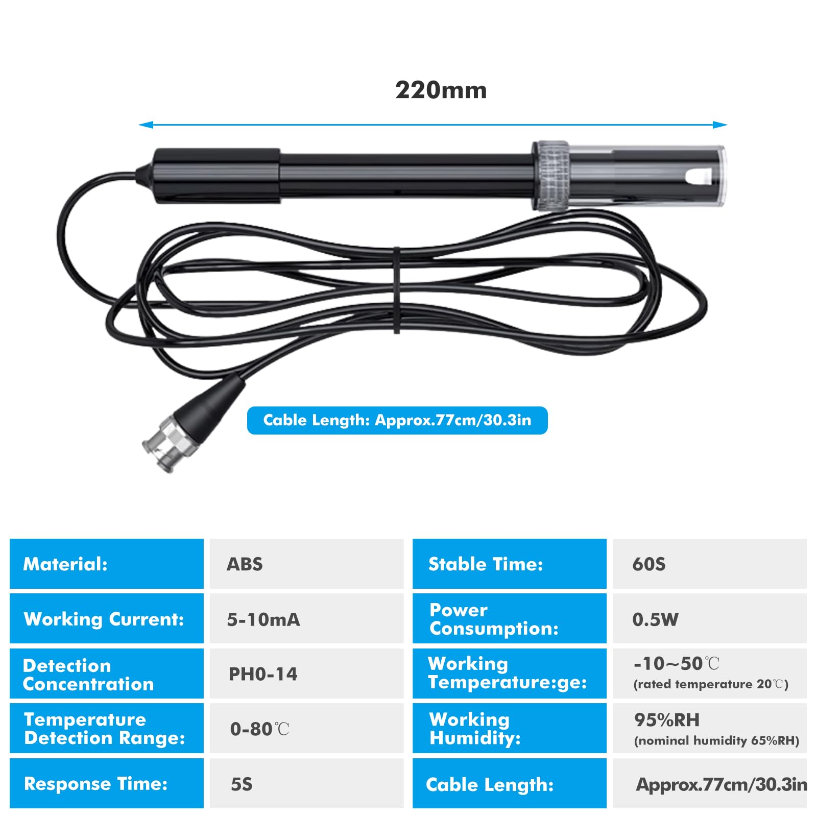 Sonde PH Piscine, 0-14 électrode PH Avec Connecteur BNC, Haut Précision Sonde De PH Remplaacble Pour PH Metre, PH Manette Testeurs PH Pour Aquarium, Piscine, Laboratoire, Hydroponie