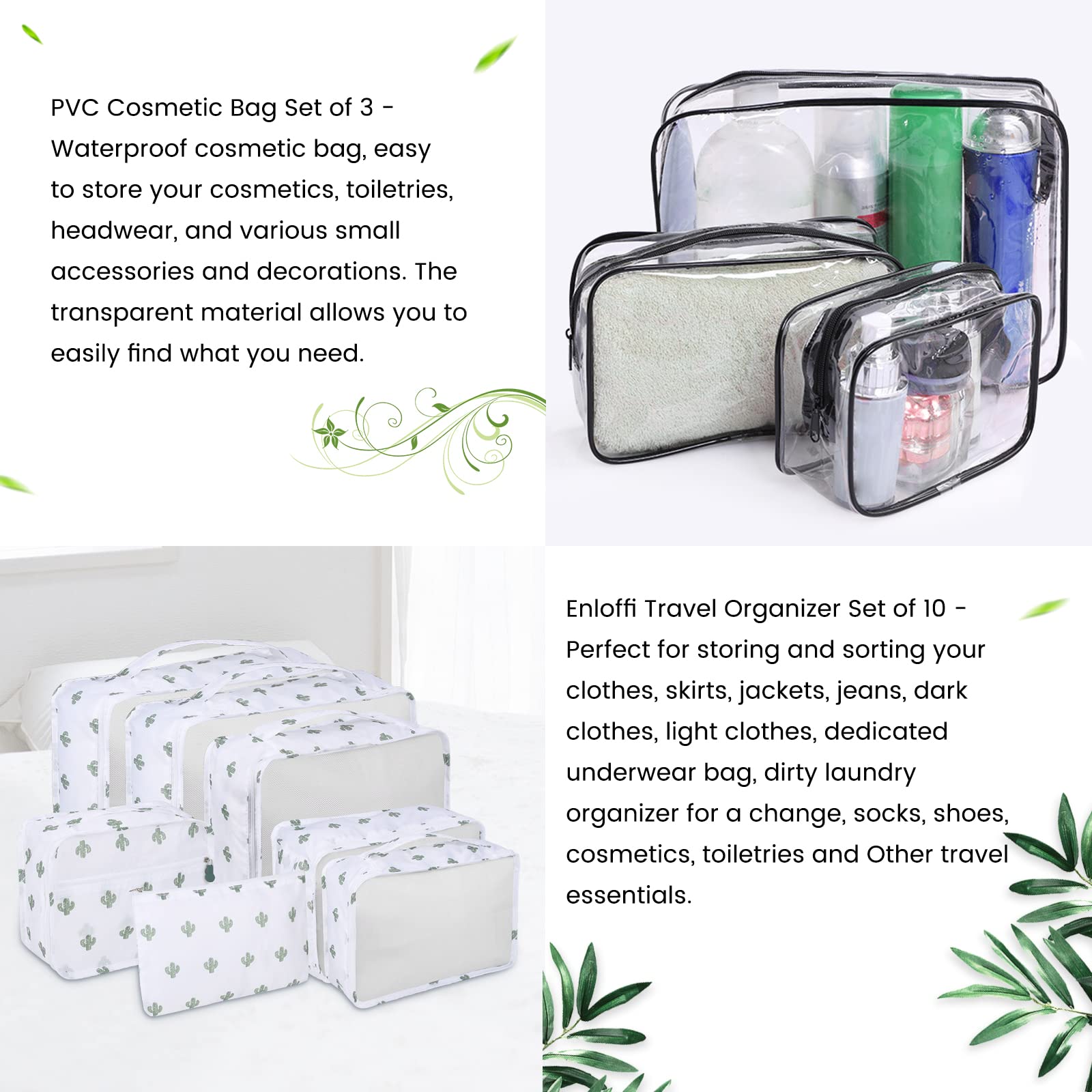 Enloffi Organizer Valigie 10 Pezzi Set Sistema di Cubo di Viaggio Impermeabili Viaggio Accessori Utili per Vestiti Scarpe Biancheria Intima Cosmetici Set di Valigie Portaoggetti, Cactus Bianco