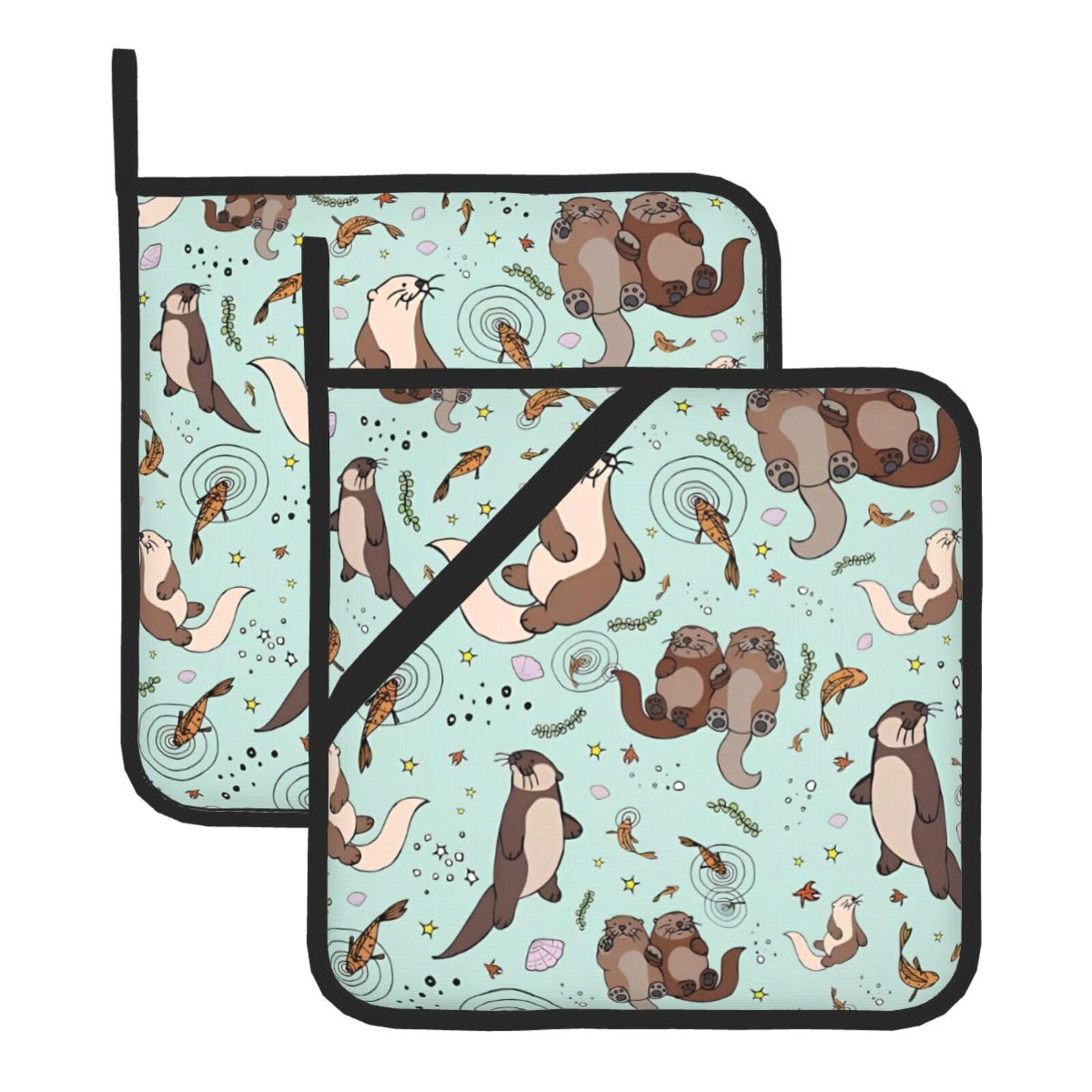 WHJSSF Otters Prints Square Pot Holders - Heat Resistant Kitchen Trivets 2-Pack - Waterproof Covers for Hot Dishes, Oven & Grill with Hanging Loop