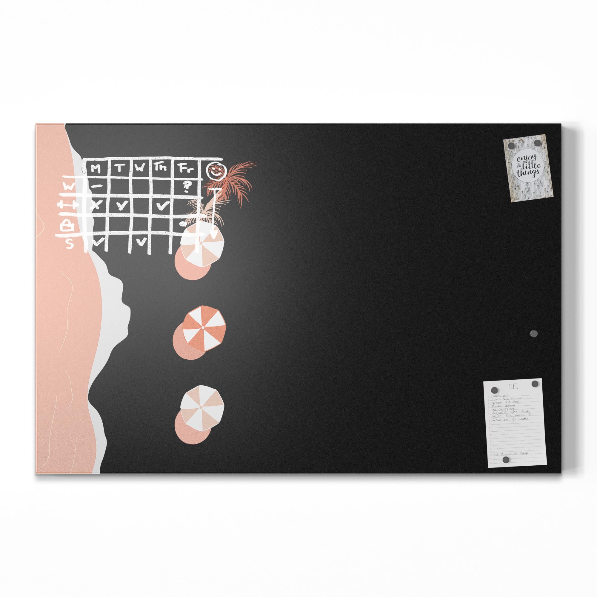 DEQORI Magnetische Kreidetafel mit UV-Druck | Motiv Küstenruhe in Rosa | Design rechteckig 90x60 cm | Kreide Metalltafel beschreibbar – Wanddeko für Küche, Flur, Kinderzimmer & Büro