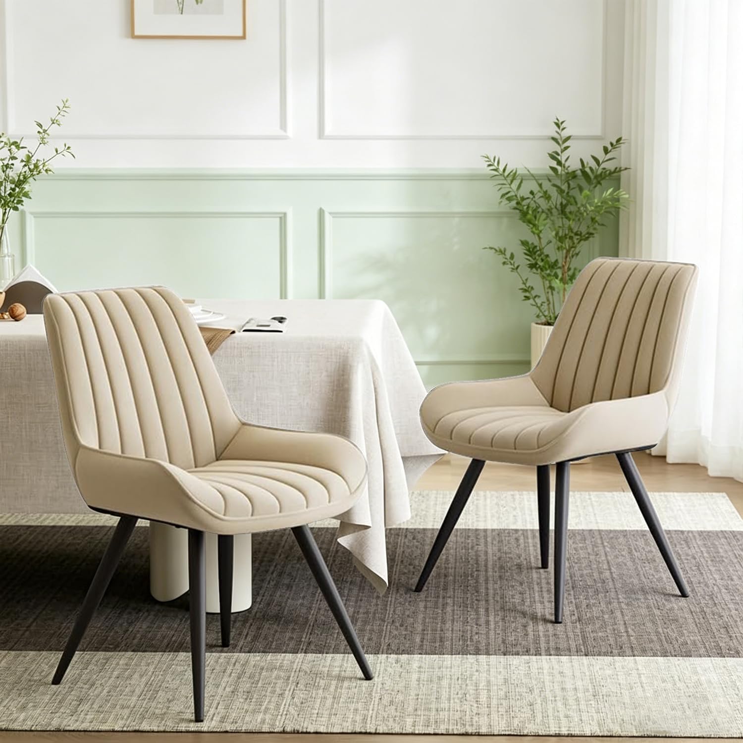 Hawthyhome Dining Chairs Set of 2 Upholstered Chairs with 10cm Thick Seat Cushion Fabric Dining Chair Backrest Modern Armchairs with Metal Legs Beige